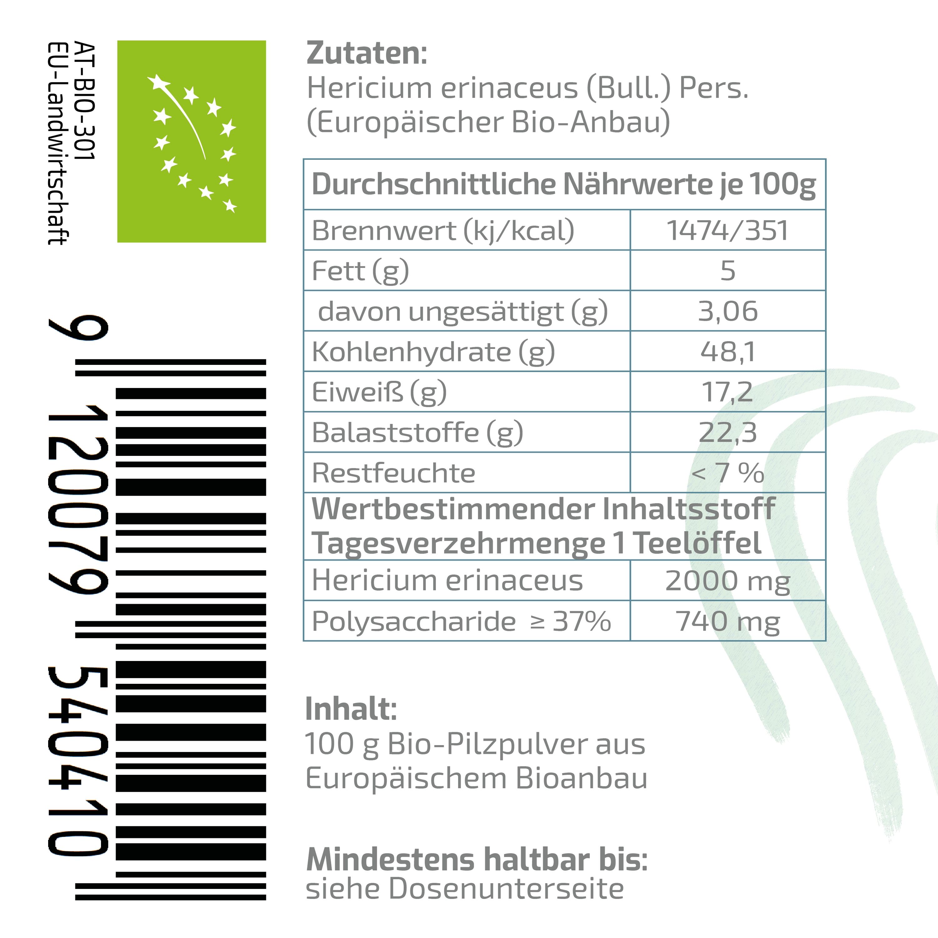 Rückseite eines BEAUVITAL Hericium Behälters mit Nährwertangaben und EU Bio-Siegel.