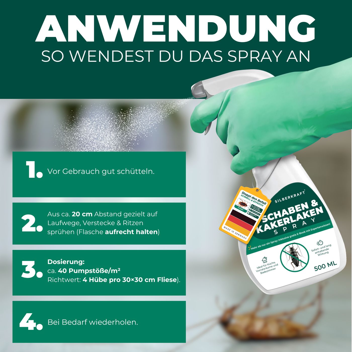 Anwendung des Sprays. Schritte: Schütteln, aus 20 cm sprühen, Dosierung, wiederholen. Produktflasche mit Etikett und deutschem Fähnchen.