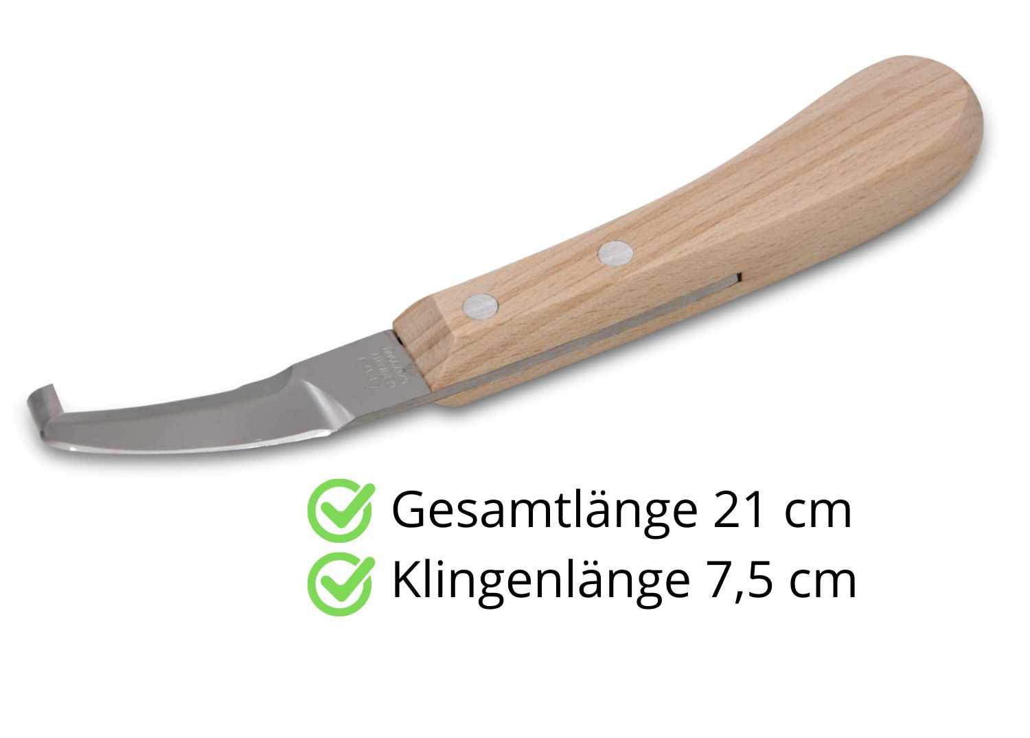 Hufmesser mit Holzgriff. Text: "Gesamtlänge 21 cm", "Klingenlänge 7,5 cm".