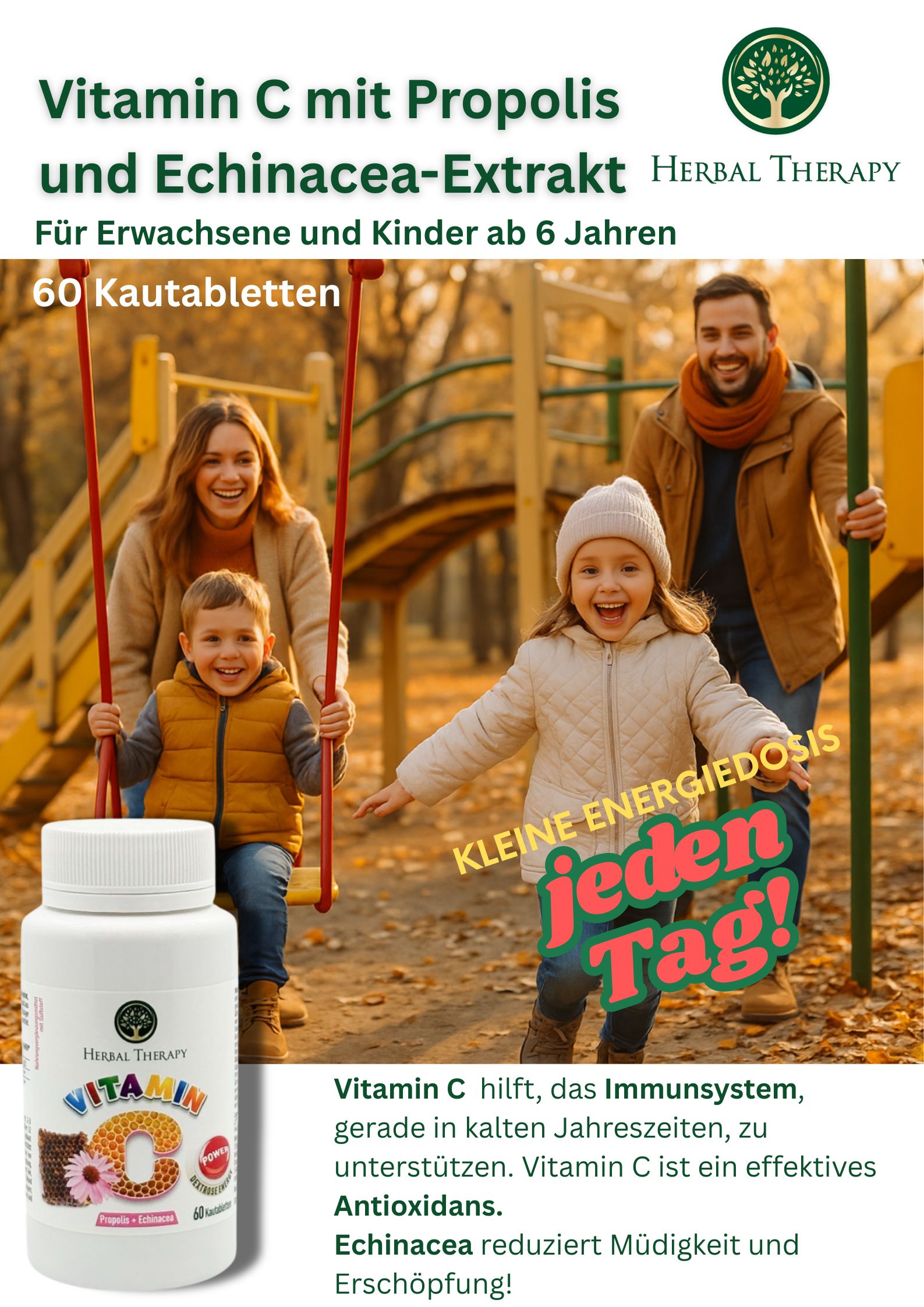 Werbebild mit Familie im Park. Flasche Herbal Therapy Vitamin C. Text: Vitamin C mit Propolis und Echinacea-Extrakt.