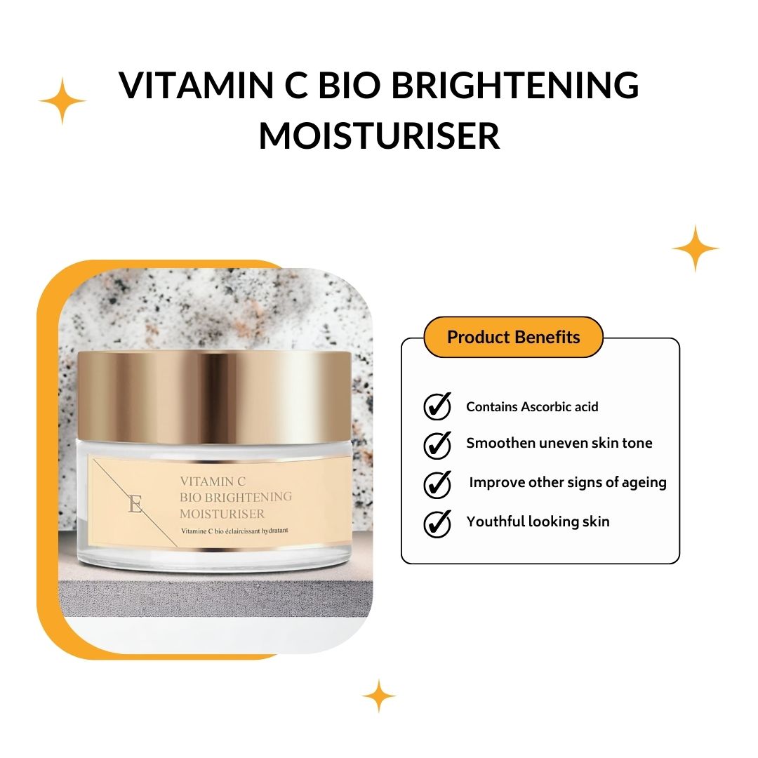 Glasbehälter mit goldfarbenem Deckel. Etikett mit Text: Vitamin C Bio Brightening Moisturiser. Marke: E. Neben Text: Produktvorteile.