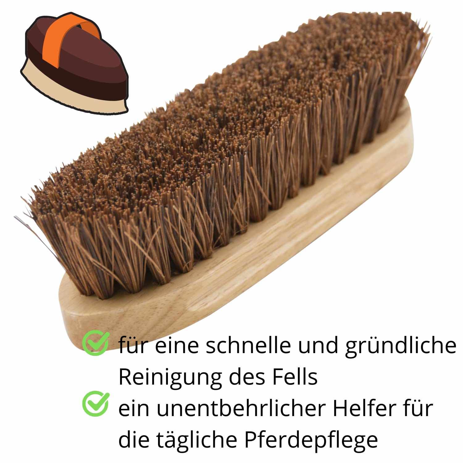 AMKA Mähnenbürste mit braunen Borsten. Die Bürste hat einen Holzrücken und einen leicht gebogenen Griff. Text: für eine schnelle und gründliche Reinigung des Fells, ein unentbehrlicher Helfer für die tägliche Pferdepflege.