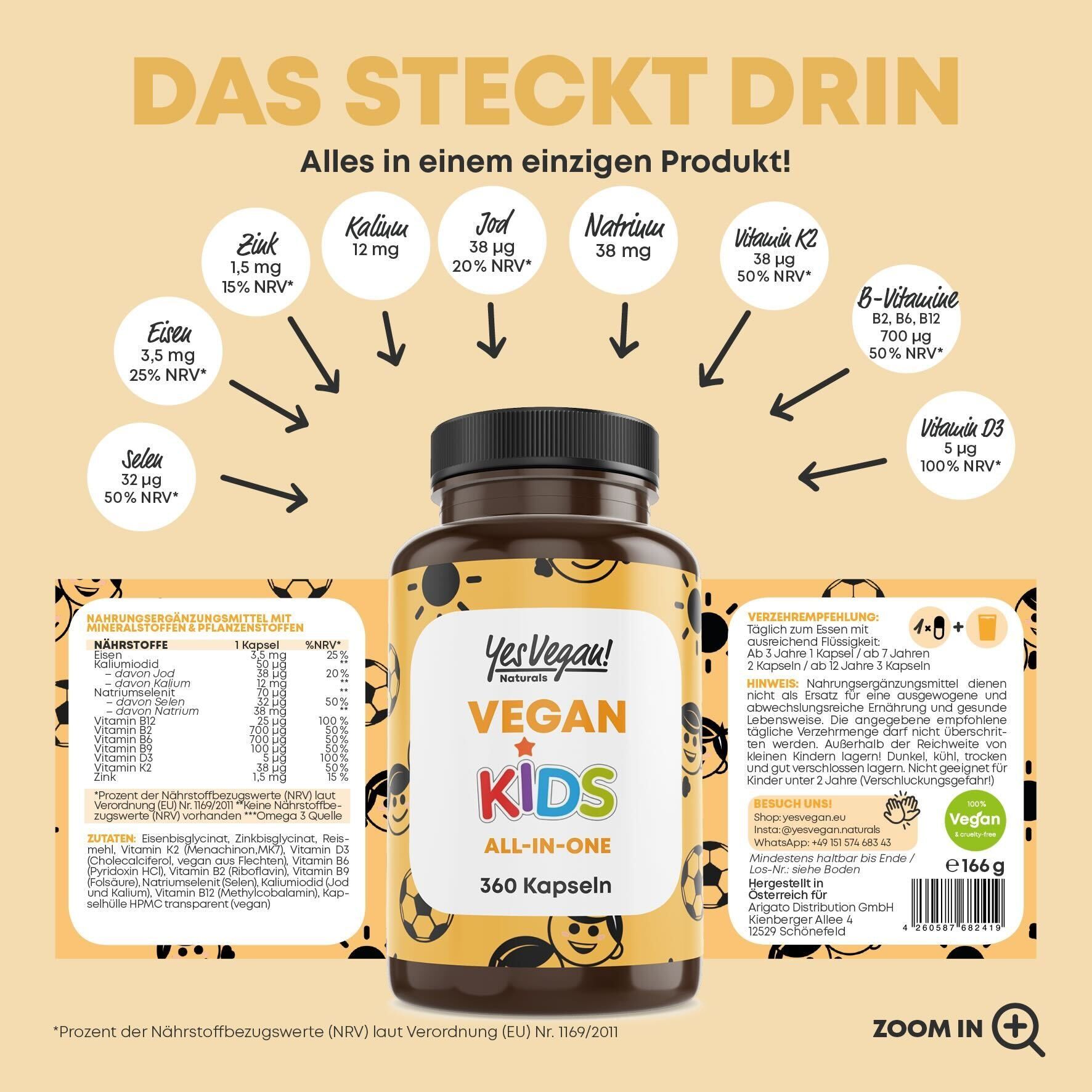 Flasche mit "Yes Vegan! VEGAN KIDS All-in-One" Kapseln, 360 Stück.