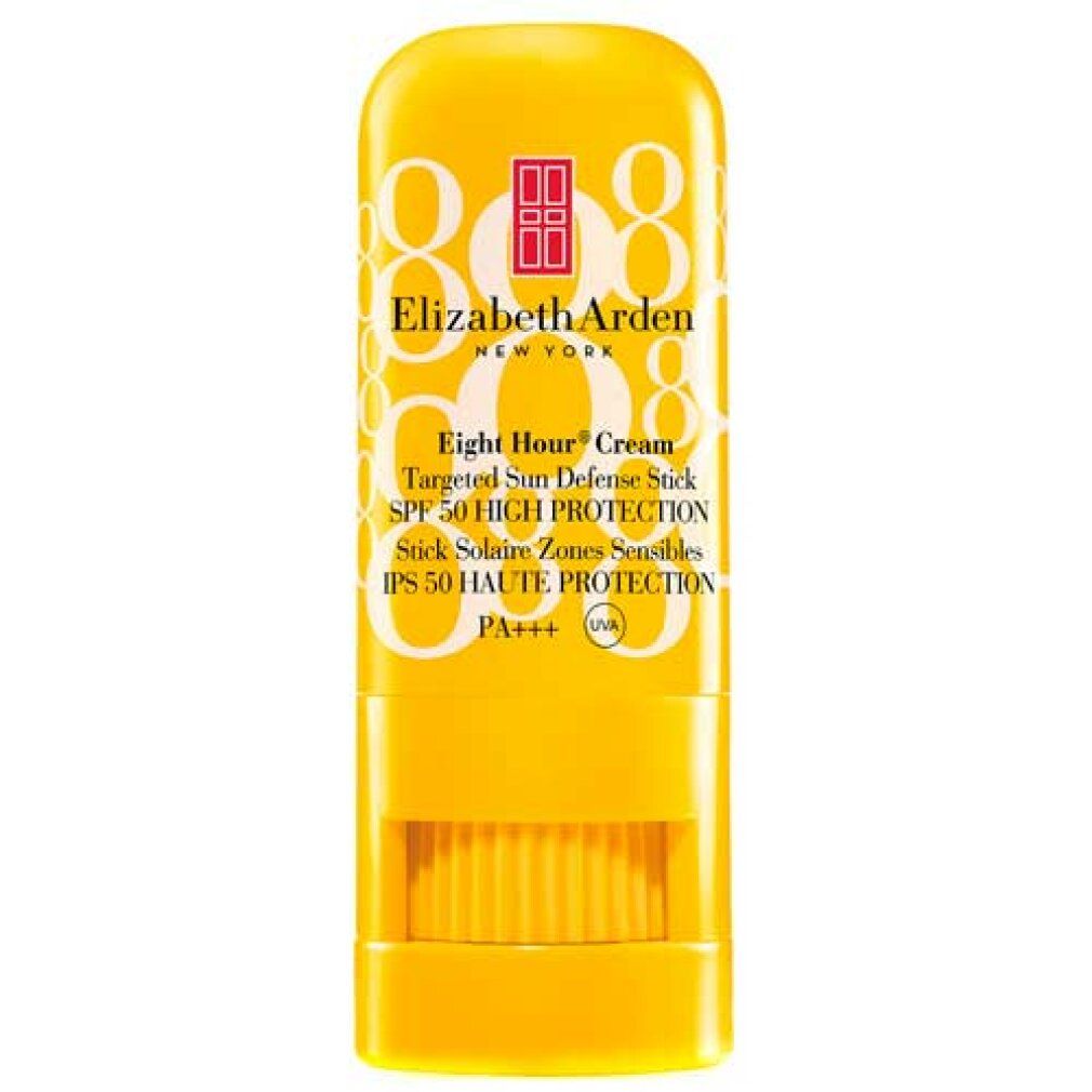 Gelber Sonnencreme-Stick von Elizabeth Arden. Text: Eight Hour Cream Targeted Sun Defense Stick SPF 50. Mit SPF 50.