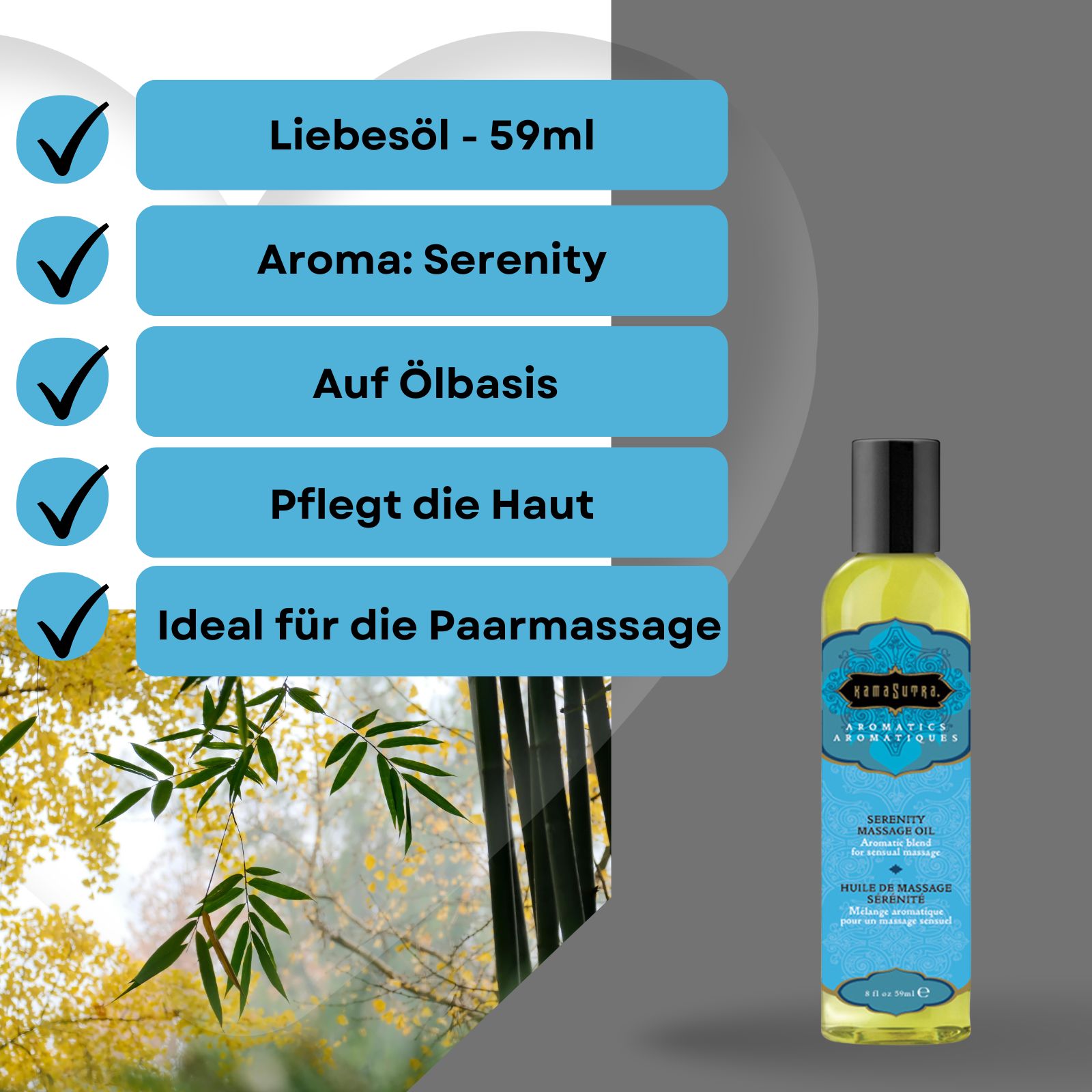 Kamasutra Massageöl Serenity, 59ml. Auf Ölbasis. Ideal für Partnermassage. Flasche neben Infobox mit Inhalten.