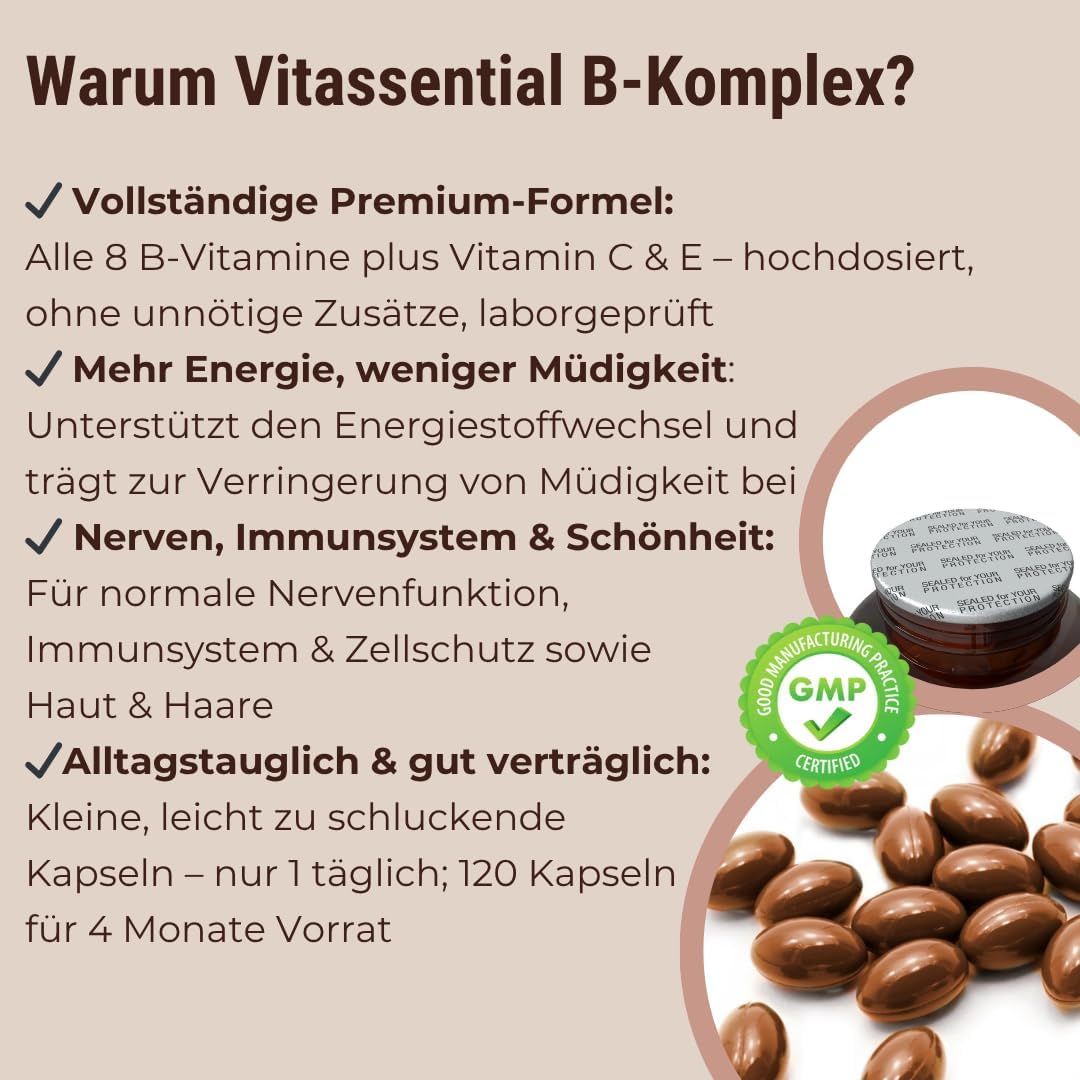Text-basierte Infografik. Warum Vitassential B-Komplex? Vollständige Formel, mehr Energie, Nerven, Immunsystem & Schönheit, gut verträglich.