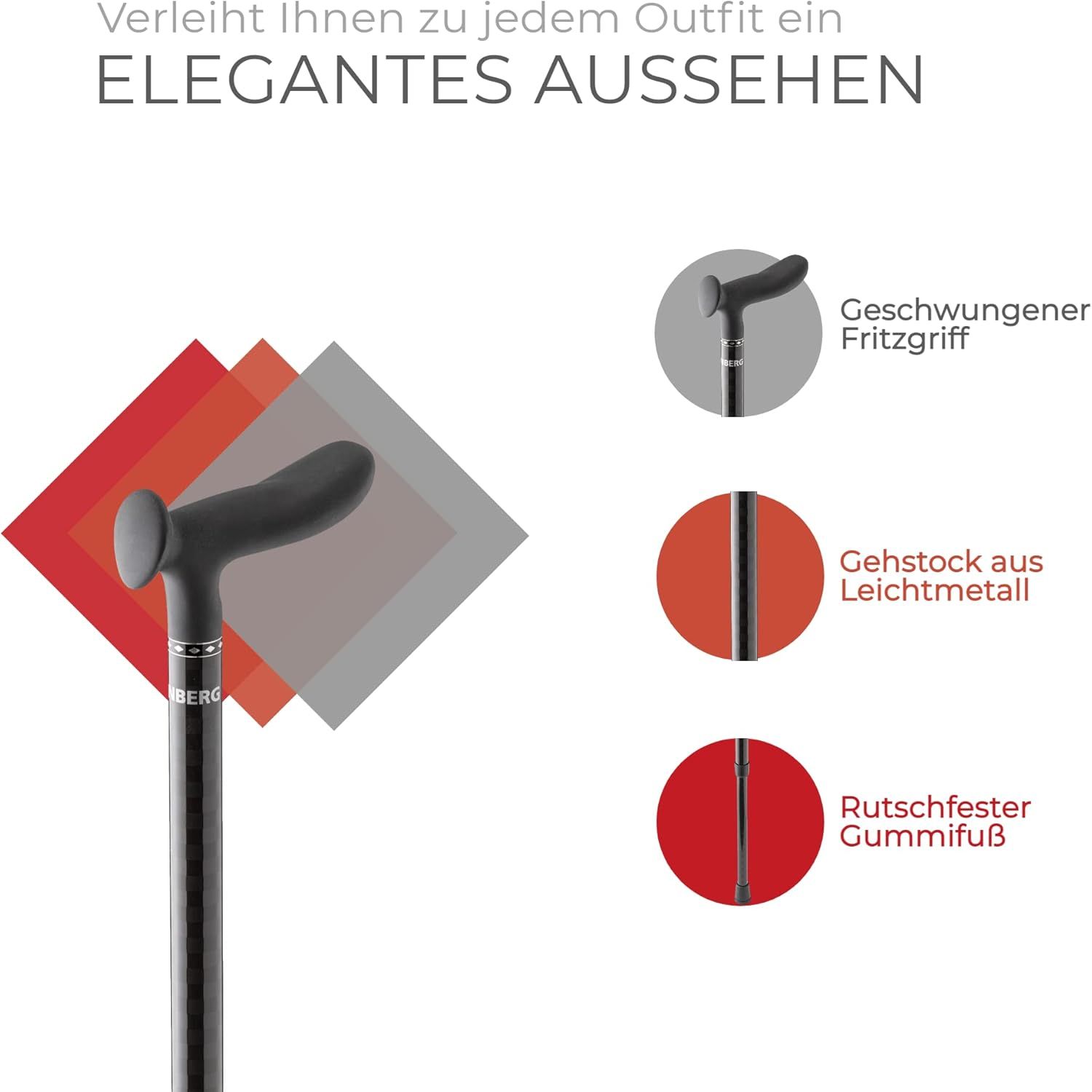 Gehstock mit Soft-Entenschnabelgriff. Anthrazit. Text: Geschwungener Fritzgriff, Gehstock aus Leichtmetall, rutschfester Gummifuß.