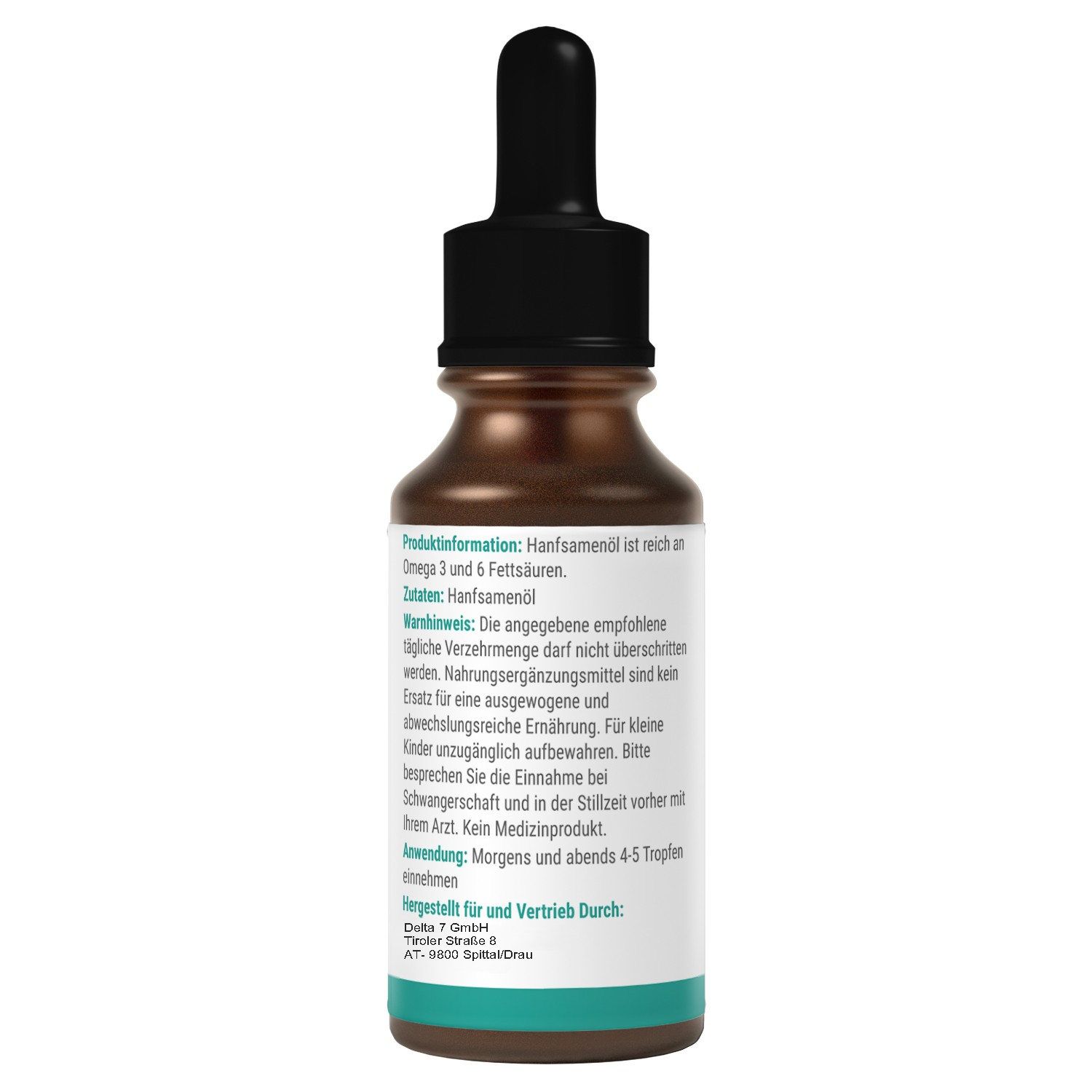 Rückseite der braunen Flasche mit Tropfer. Textinformationen und Warnhinweise. Etikett mit Logo und Produktname.
