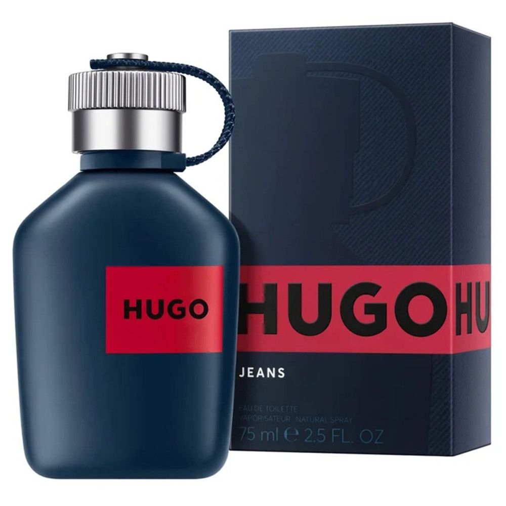 Hugo Jeans Eau de Toilette Flakon in dunklem Blau mit rotem Etikett und silbernem Verschluss.