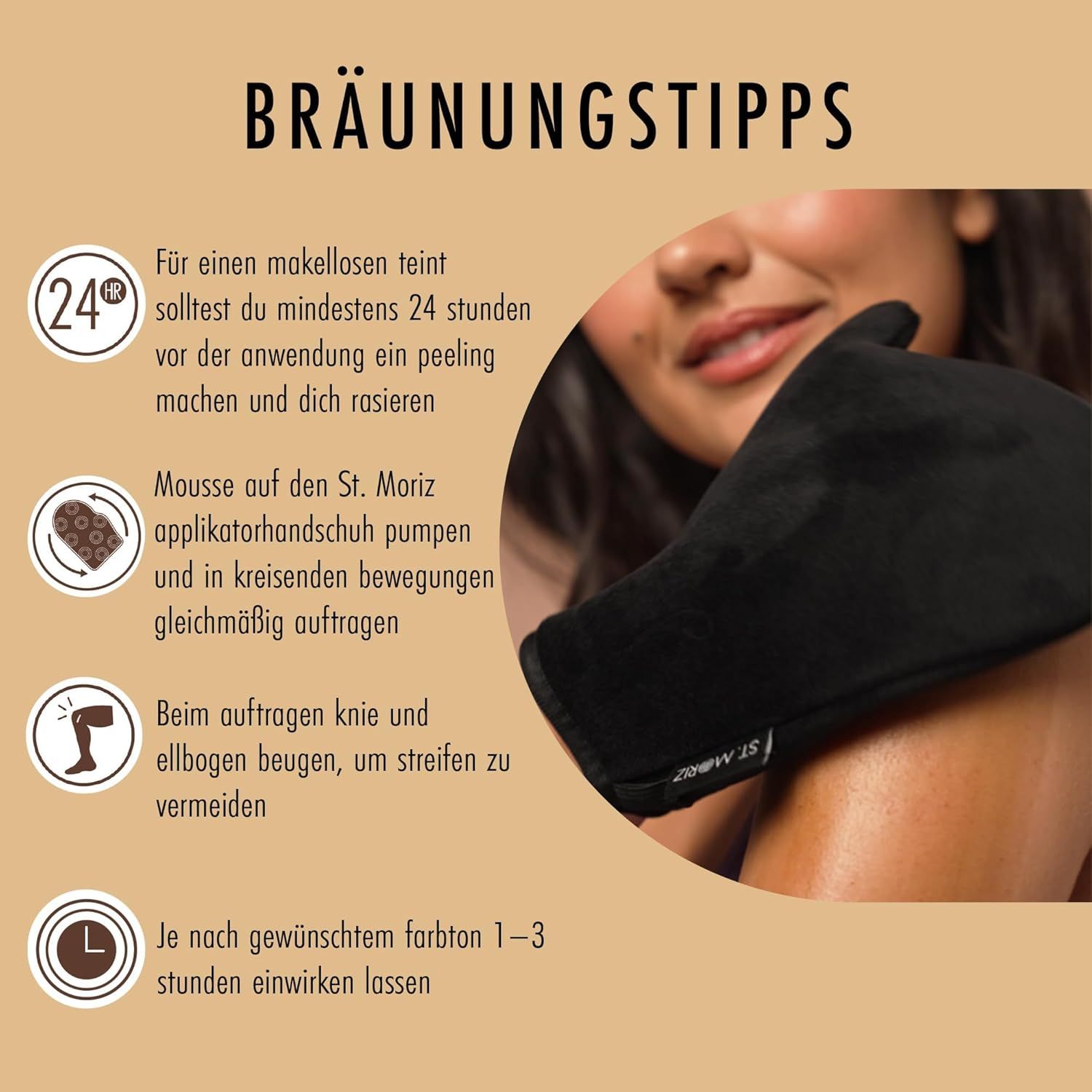 Nahaufnahme einer Hand mit schwarzem Applikatorhandschuh. Text: Bräunungstipps. Anweisungen zur Anwendung.