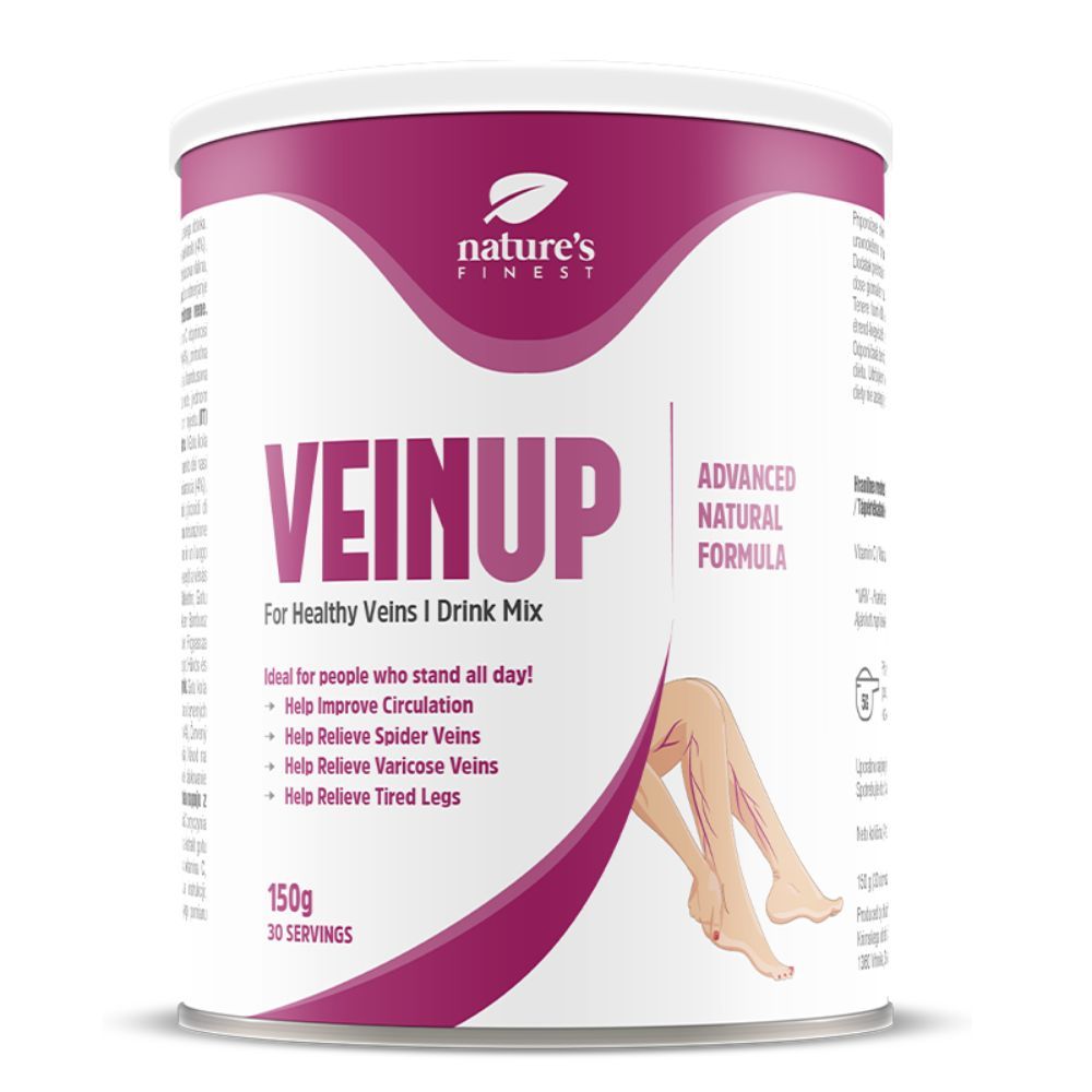 Zylinderdose mit Nature's Finest VEIN UP. Aufschrift: Für gesunde Venen. 150g, 30 Portionen. Abbildung von Beinen.