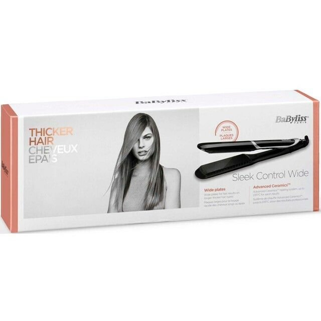 Verpackung mit Produktabbildung. Text: BaByliss, Thicker Hair, Sleek Control Wide.