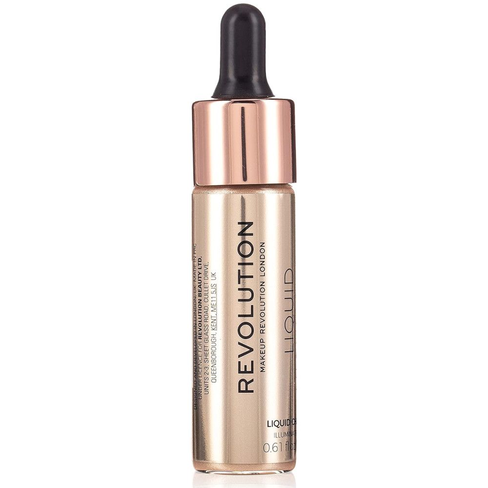 Kleine, goldfarbene Flasche mit schwarzer Pipette. Aufschrift: Revolution, Liquid Highlighter, 0.61 fl.oz/18ml.
