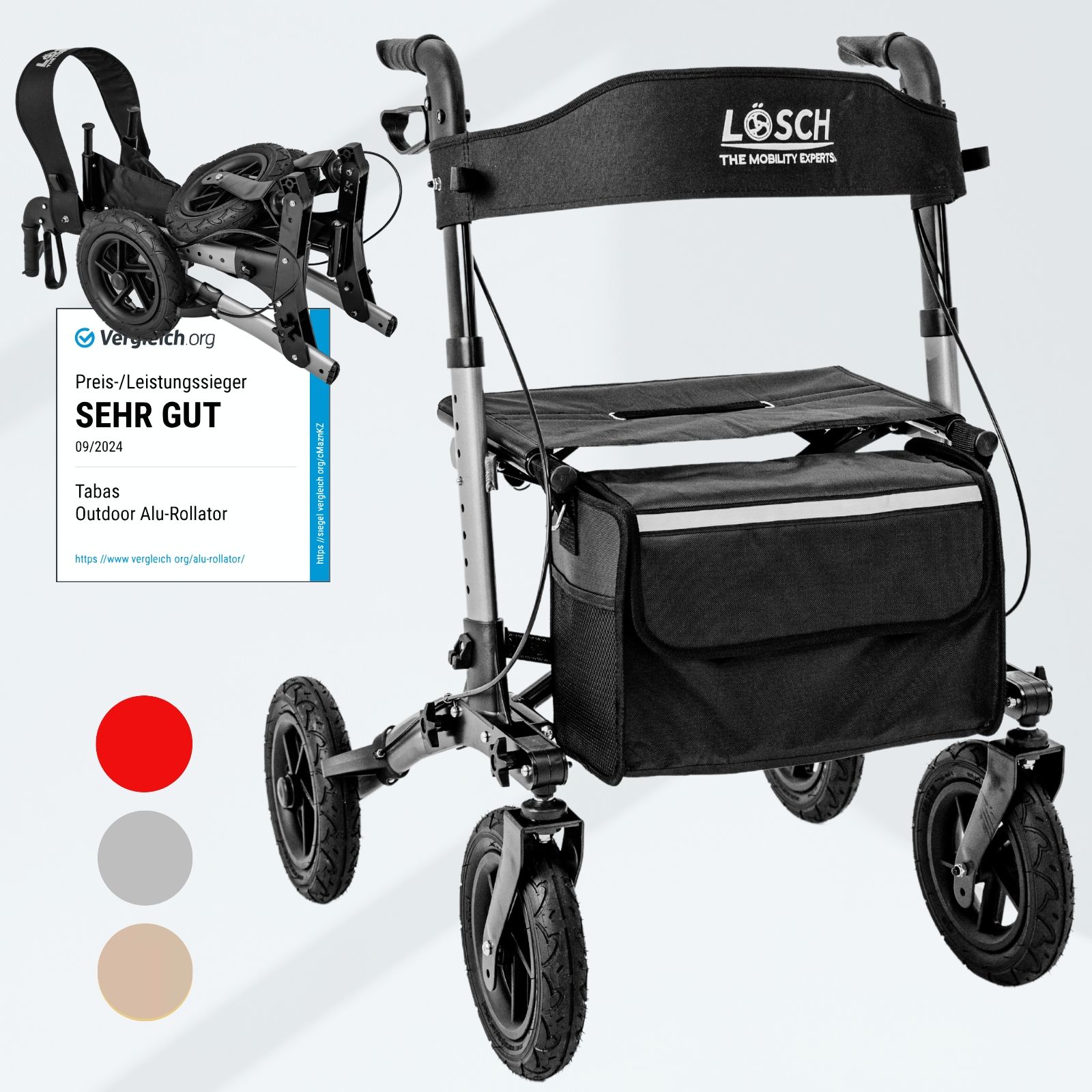 Rollator mit vier Rädern, zusammengeklappt. Schwarze Tasche, Sitzfläche und Rückenlehne. Marke: Lösch. Auszeichnung "Sehr Gut".