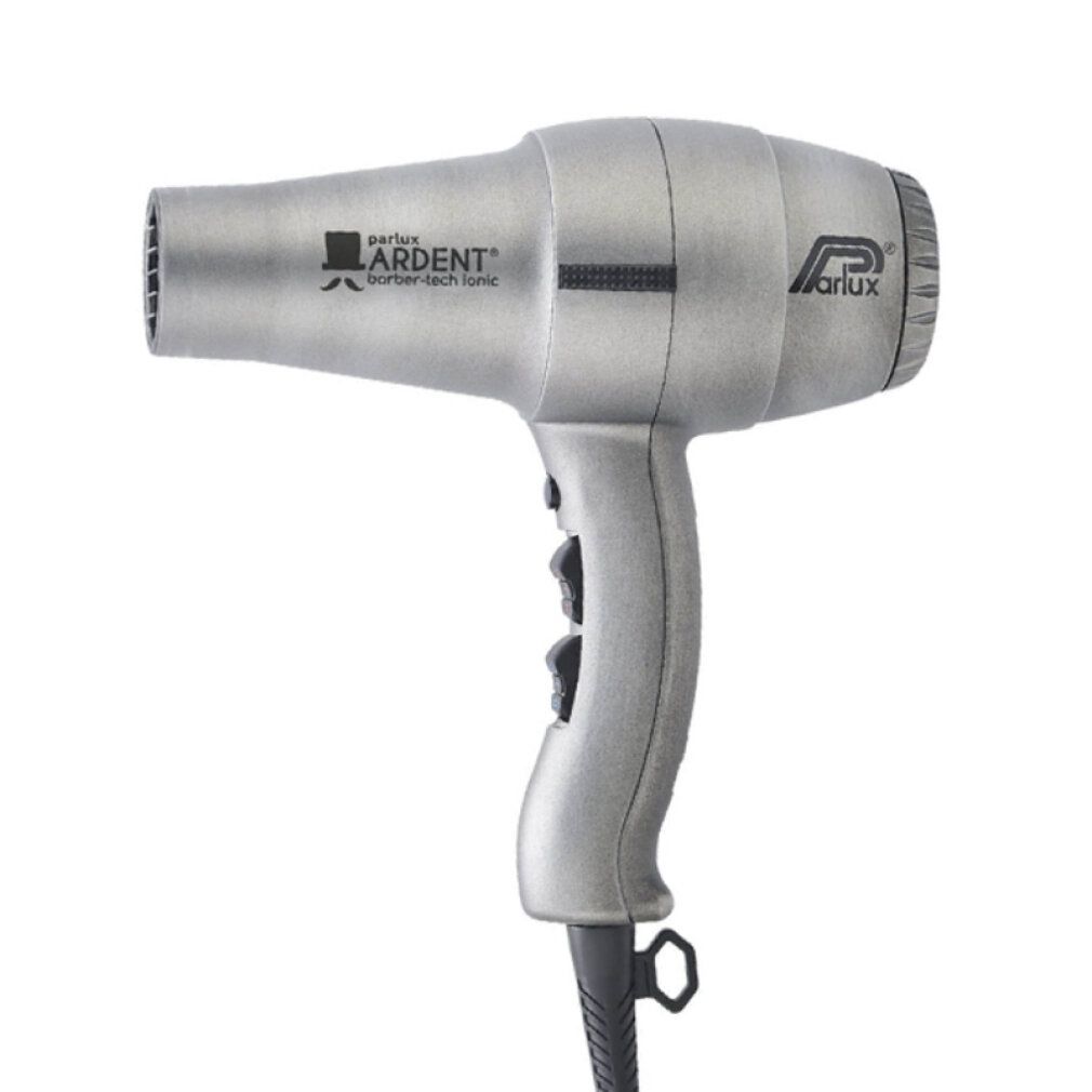 Silberner Haartrockner. Marke: Parlux Ardent barber-tech. Bedienelemente am Griff.