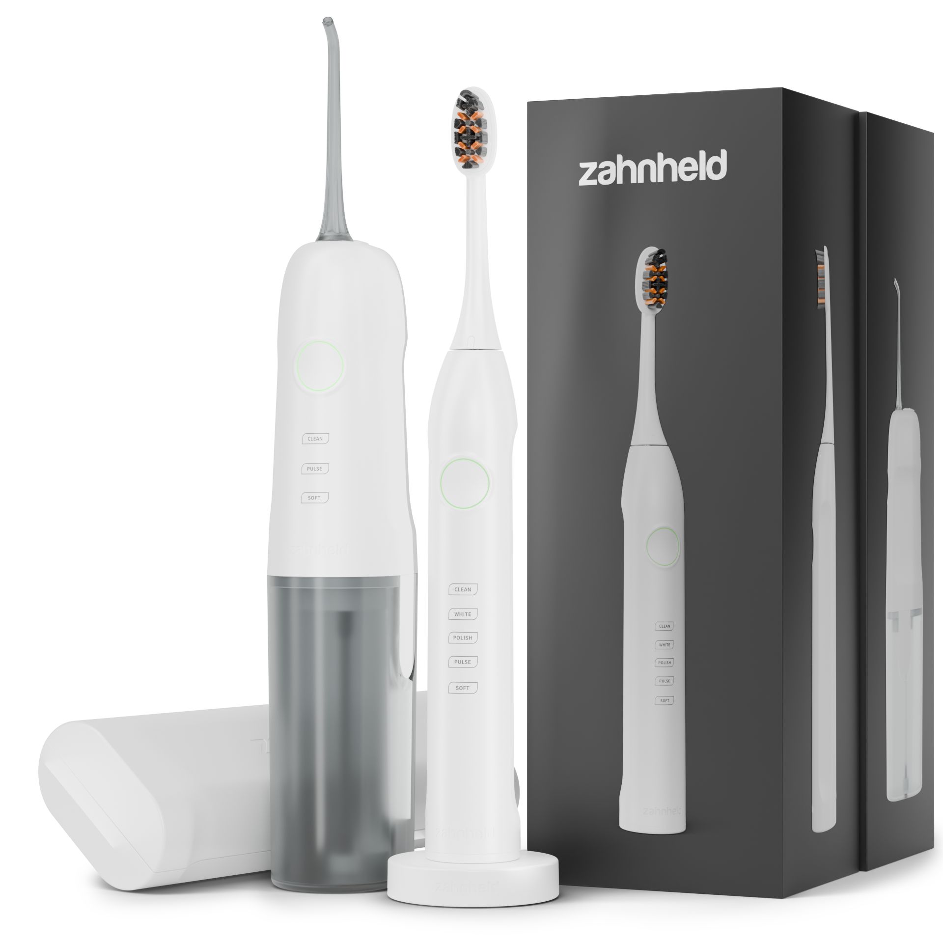 Zahnbürste und Munddusche in Weiß. Verpackung mit Produktnamen: Zahnheld.