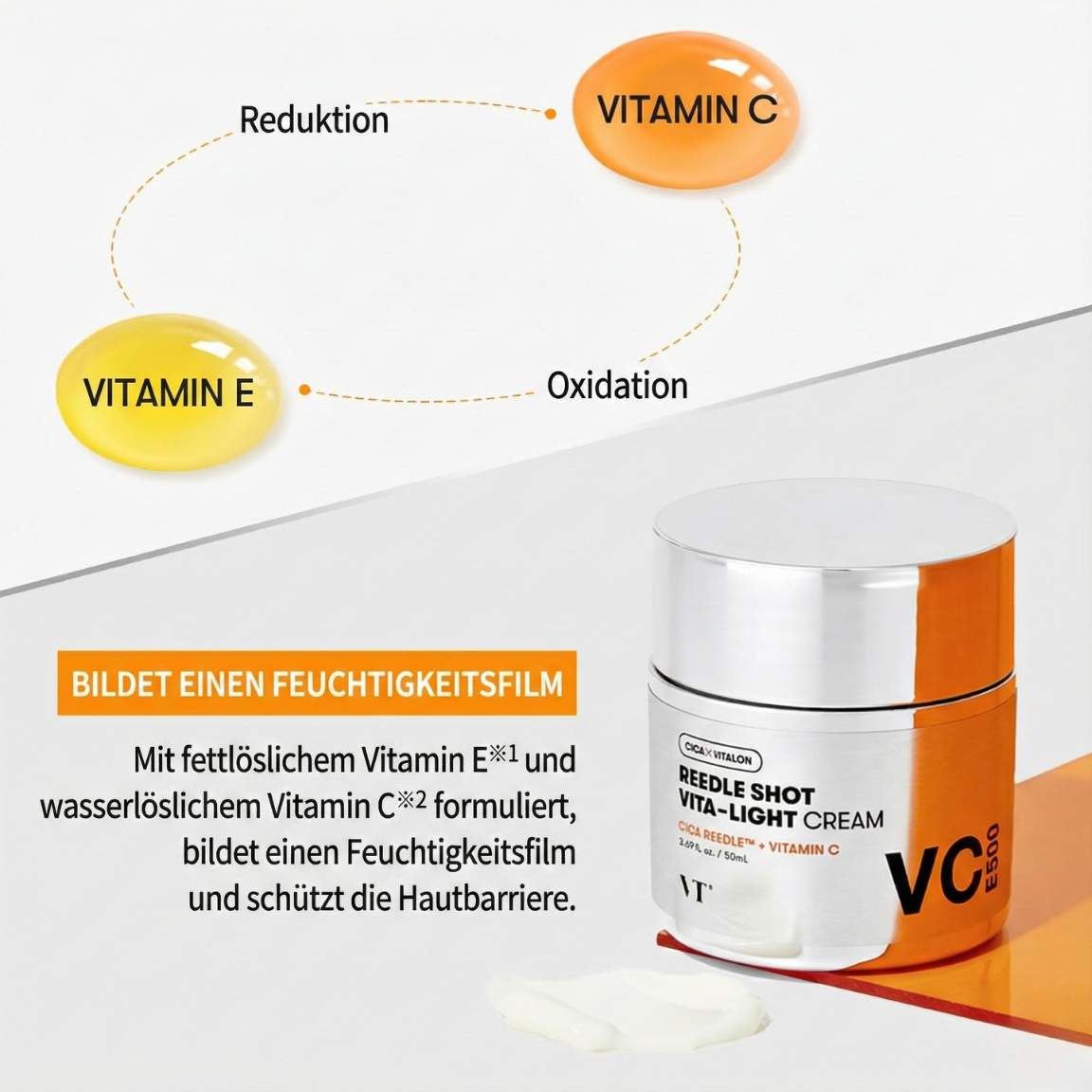 VT Cosmetics Reedle Shot Vita-Light Cream Dose auf orangefarbenem Hintergrund.