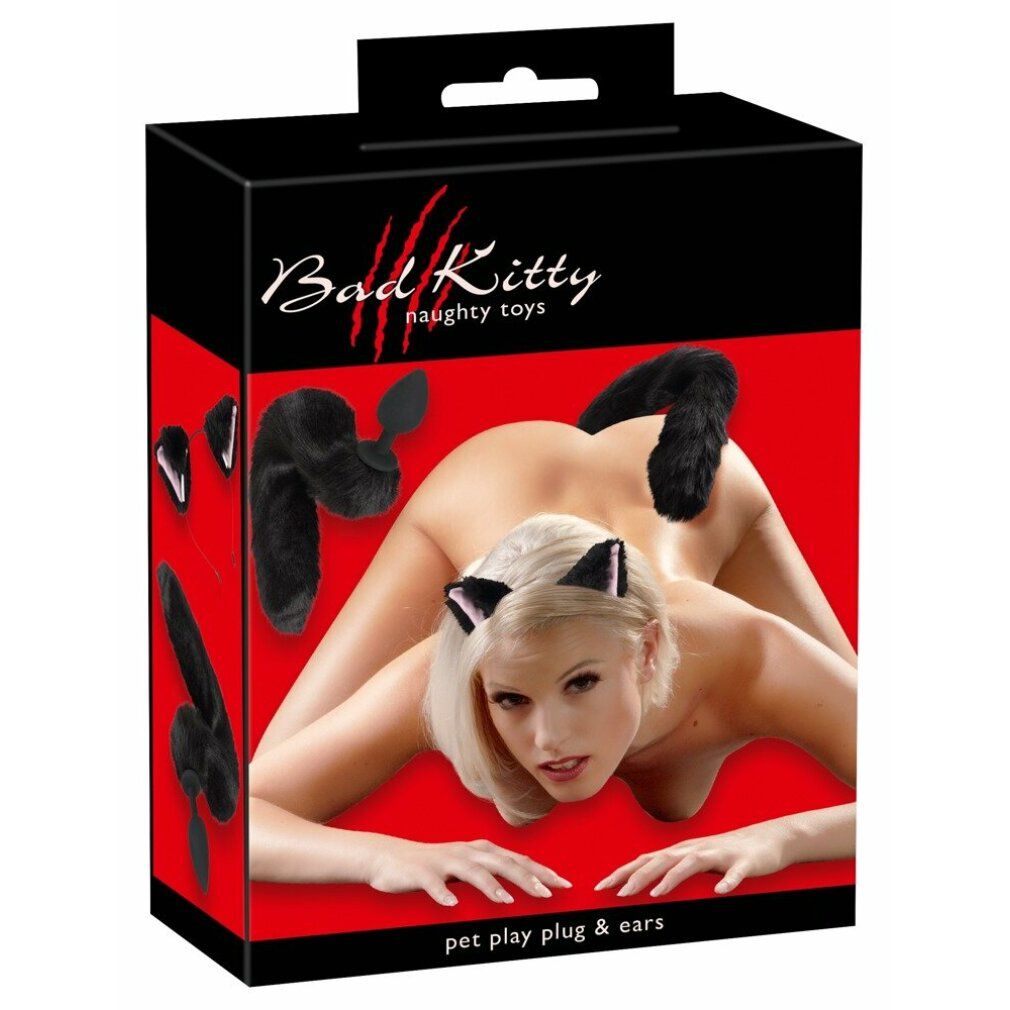 Schwarze Box mit Produktabbildung. Aufschrift: Bad Kitty, naughty toys, pet play plug & ears.