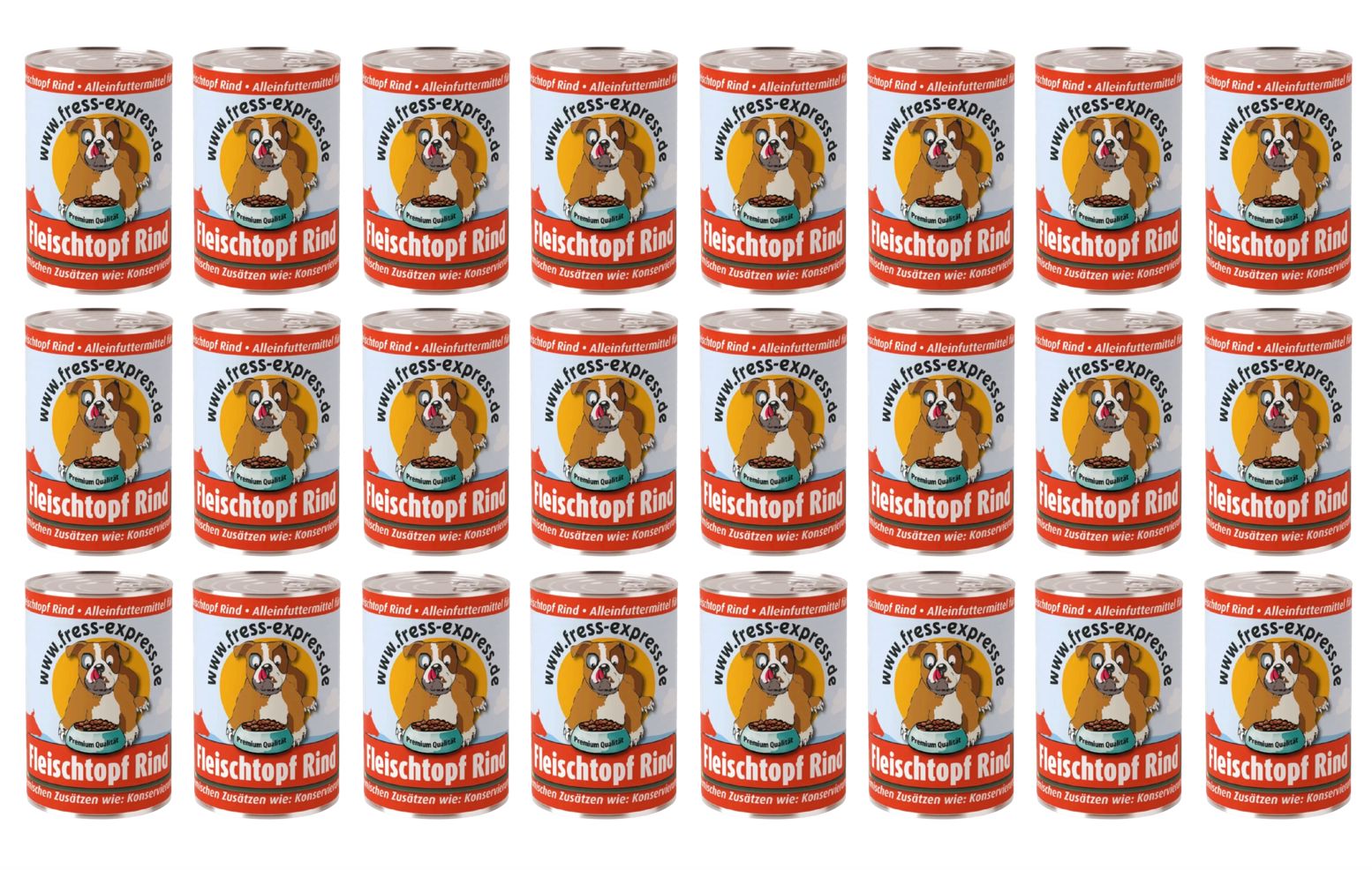 Reihe von Fleischtopf Rind Hundefutterdosen. Dosen mit Etikett, das einen Hund zeigt. Rote und weiße Dosen mit Produktnamen.