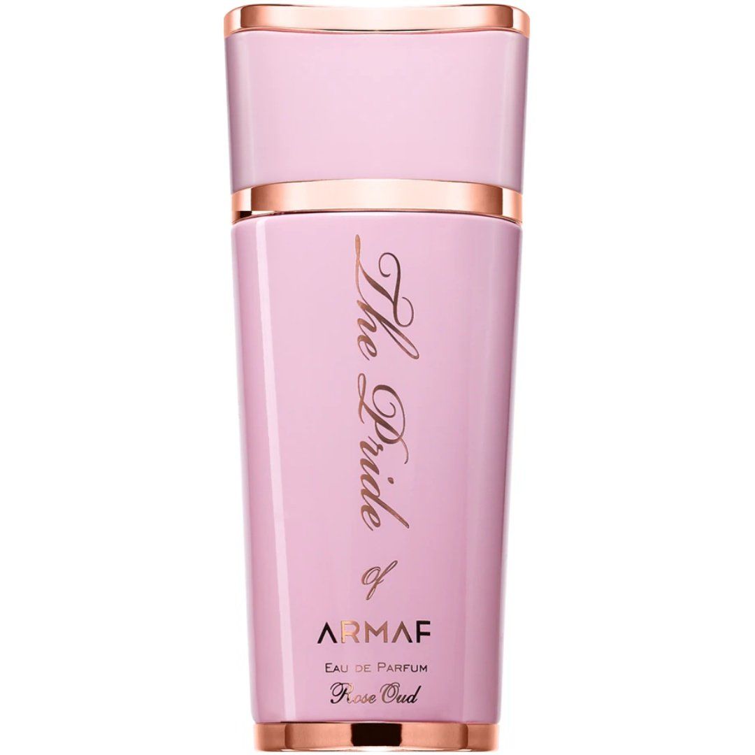 Rosa Parfumflasche mit goldfarbenen Akzenten. Aufschrift: The Pride of Armaf Rose Oud.