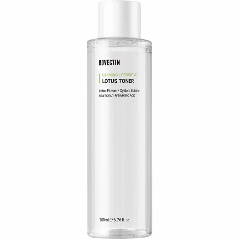 Transparente Flasche mit weißem Deckel. ROVECTIN Calming Lotus Toner-Etikett. 200ml.