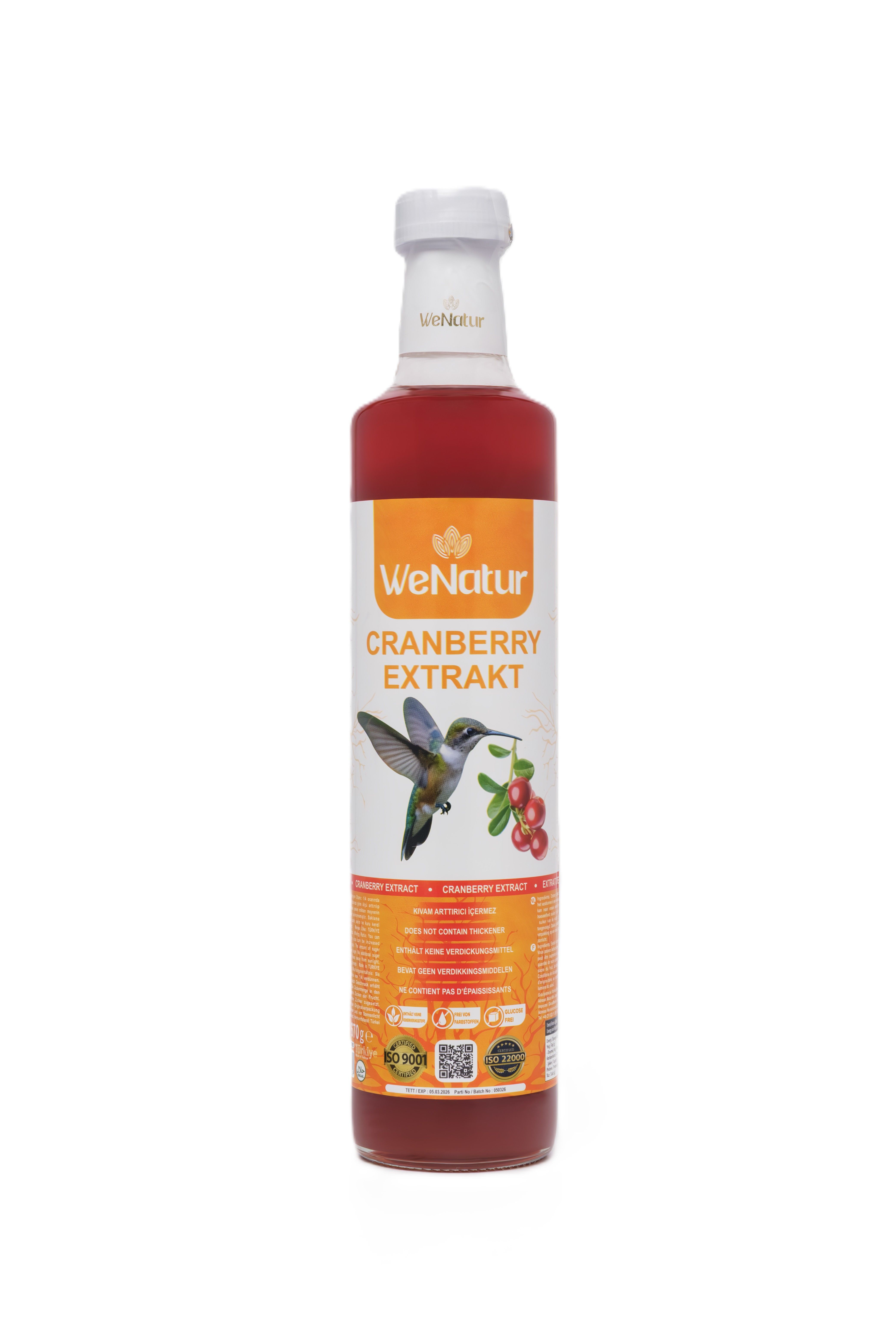 Flasche mit Cranberry-Extrakt, Etikett mit Kolibri und Beeren.