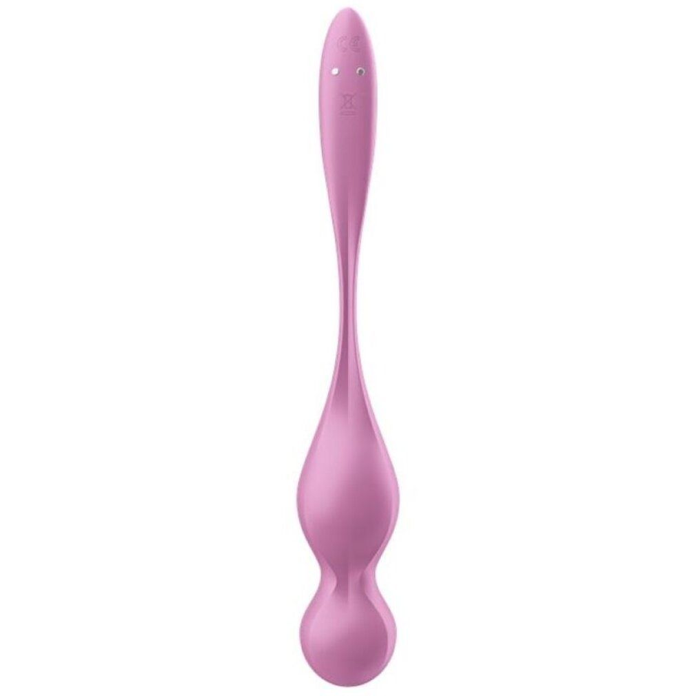Rosa Vibrationskugel. Längliche Form mit zwei Kugeln. Oberseite mit zwei Knöpfen. Aus Silikon.