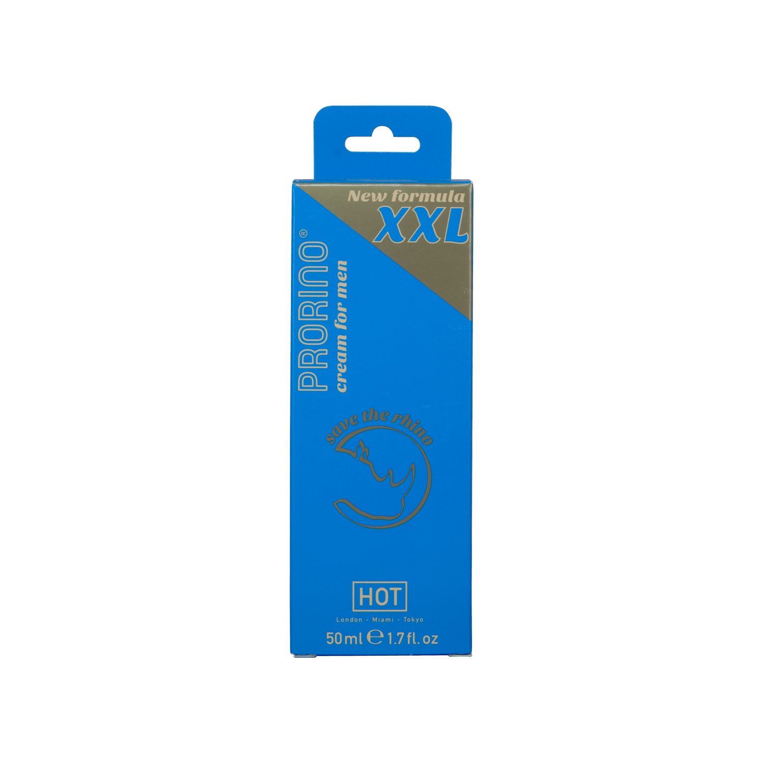 Blaue Verpackung mit "PRORINO" und "XXL" Schriftzug. "New Formula" und "HOT" Logo.