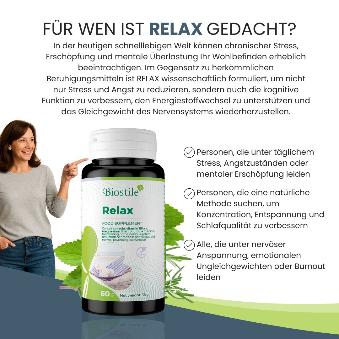 Biostile Relax Flasche mit Frau und Text über die Zielgruppe des Produkts.