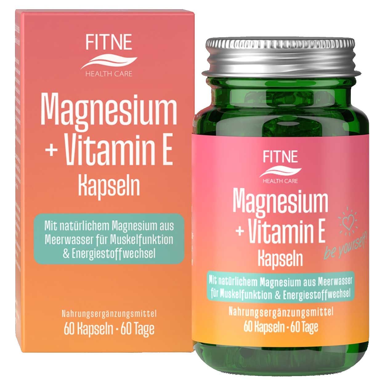 Fitne Magnesium + Vitamin E Kapseln in grüner Glasflasche mit silbernem Deckel und Umverpackung.