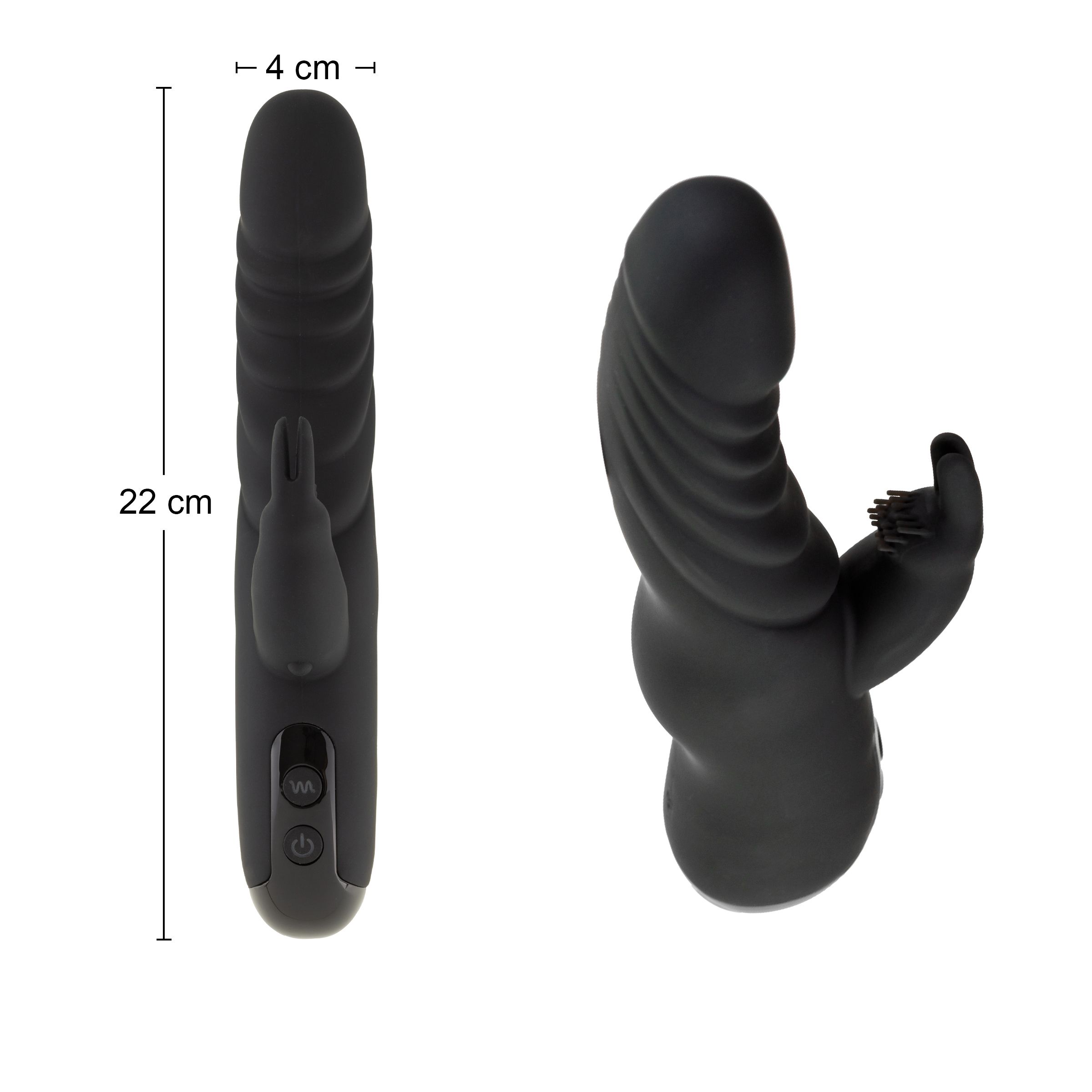 Schwarzes Wellness-Produkt. Abmessungen: 22 cm lang, 4 cm breit. Zwei Ansichten: Vorder- und Seitenansicht.