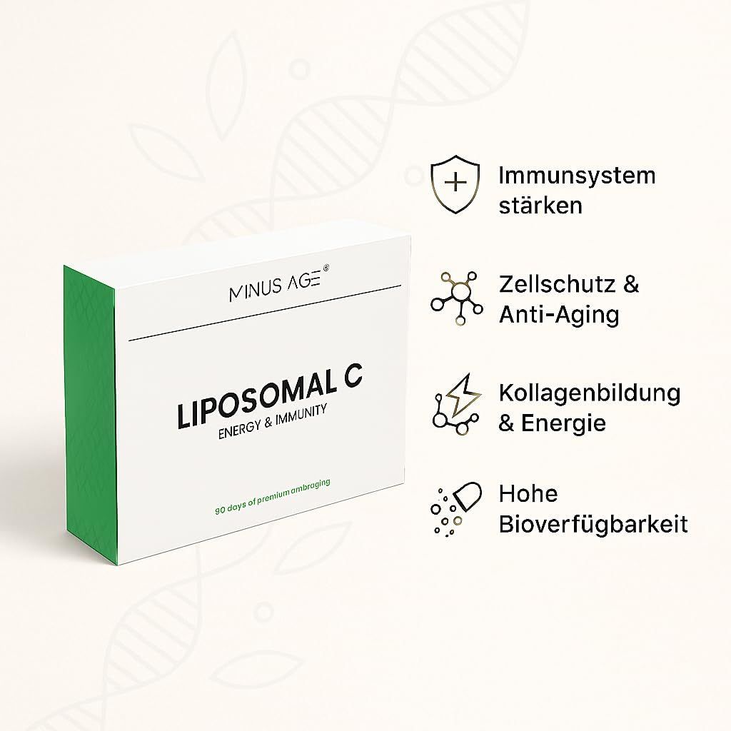 Weiße Produktverpackung mit grüner Seitenfläche. Aufschrift: Minus Age Liposomal C, Energy & Immunity. Text: Immunsystem stärken, Zellschutz & Anti-Aging.