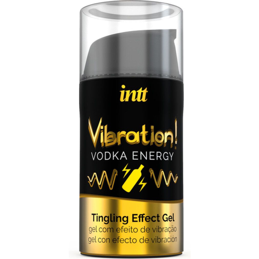 Klarer Flakon mit schwarzem Deckel. Aufschrift: INTT, Vibration! Vodka Energy, Tingling Effect Gel. Goldene Akzente.