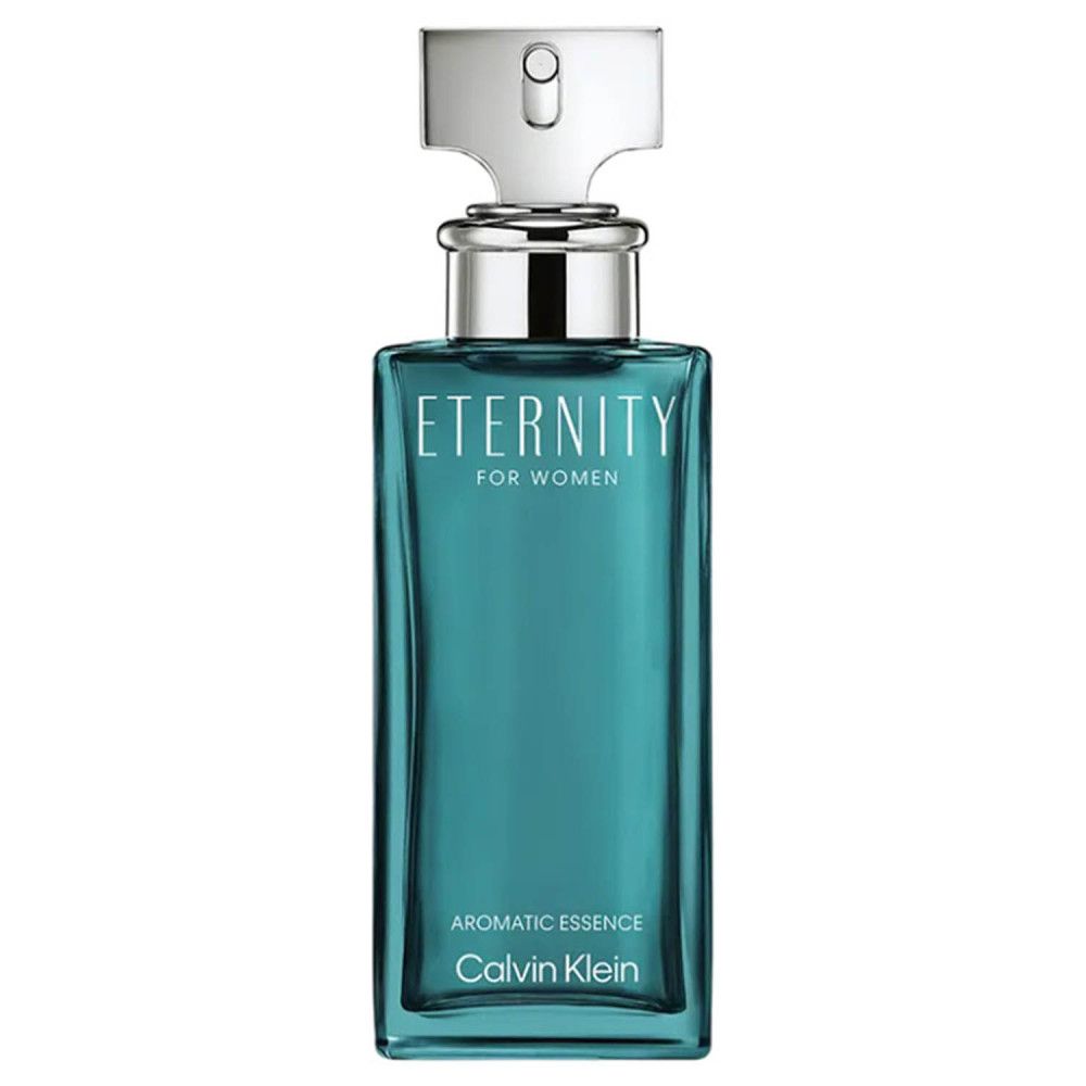 Rechteckiger Flakon, blaugrün, silberner Verschluss. Schriftzug Eternity, Calvin Klein. Aromatische Essenz.