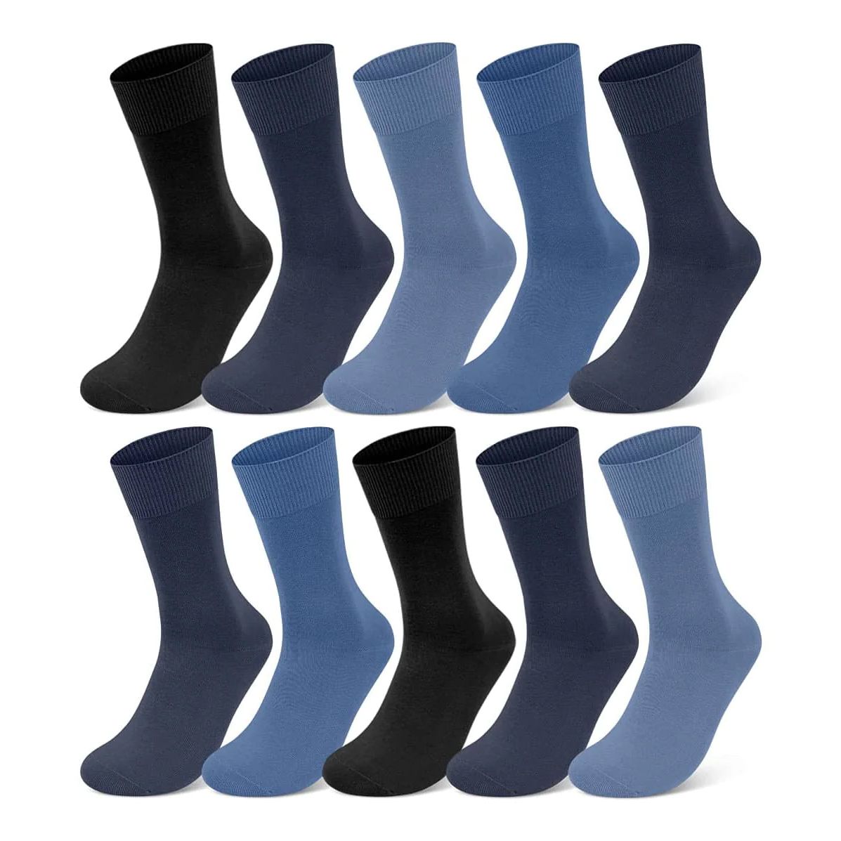 Zehn Socken in verschiedenen Blautönen. Die Socken sind glatt und haben einen gerippten Bund.