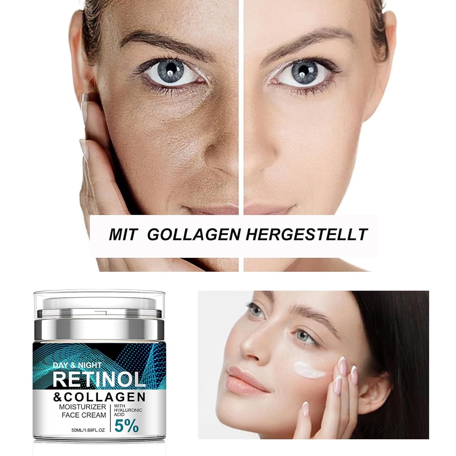 Vorher-Nachher-Gesichtsbilder und Soleneva Retinol & Kollagen Gesichtscreme.