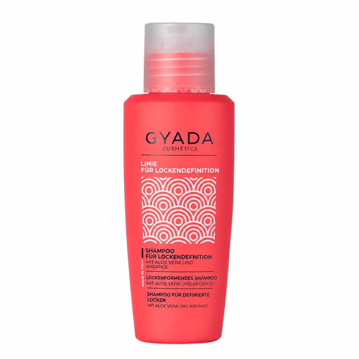 GYADA Cosmetics Locken-Shampoo, orangefarbene Flasche mit weißem Muster. "Linie für Lockendefinition".