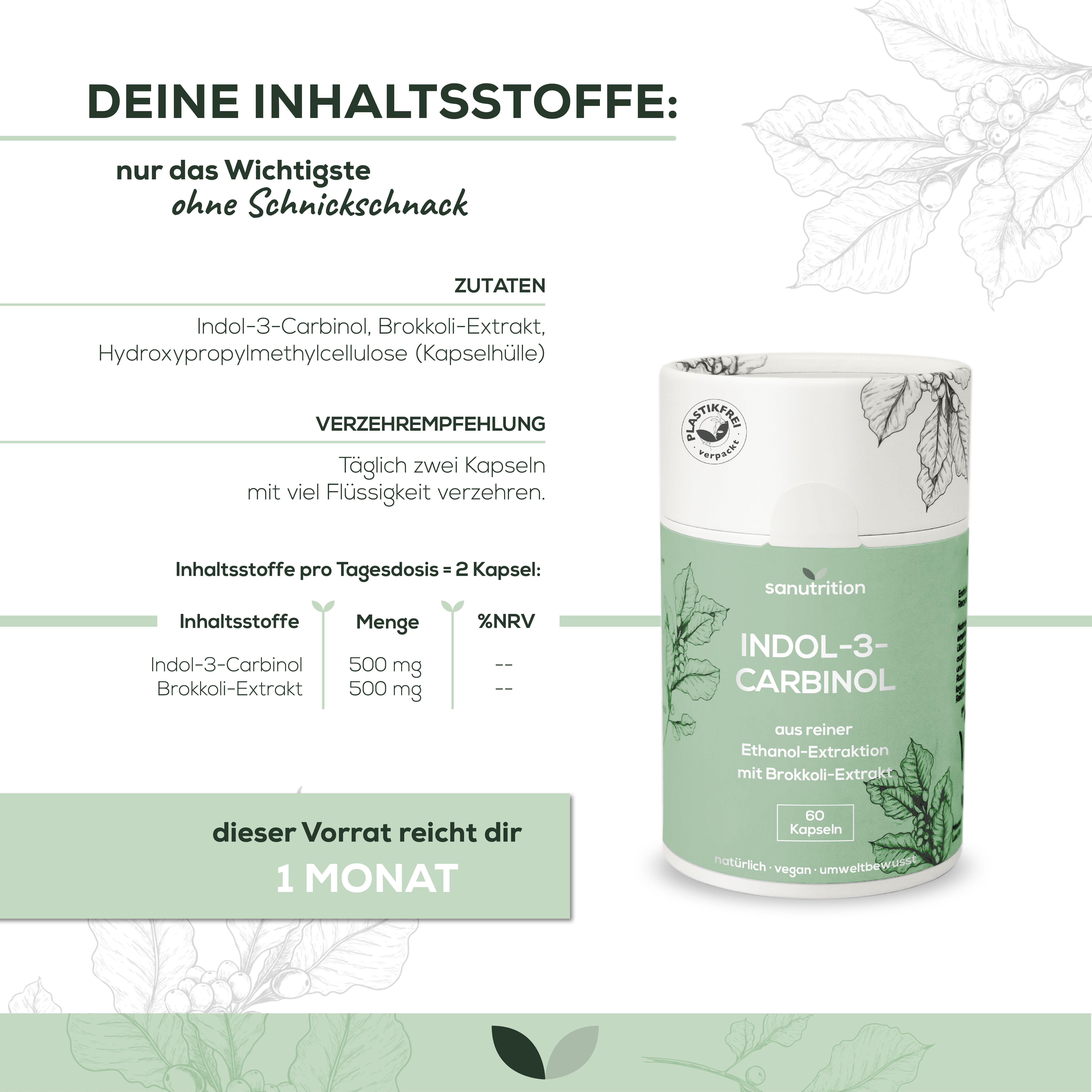 Infografik. Zutaten: Indol-3-Carbinol, Brokkoli-Extrakt. Empfehlung: 2 Kapseln täglich. Dose mit 60 Kapseln. Vorrat für 1 Monat.