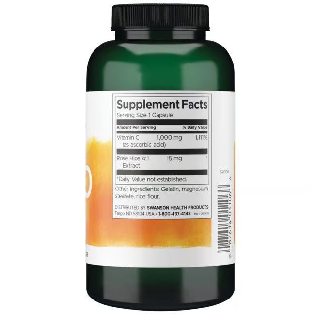 Rückseite der grünen Flasche. Aufschrift: Supplement Facts. Enthält Vitamin C und Hagebutten-Extrakt.