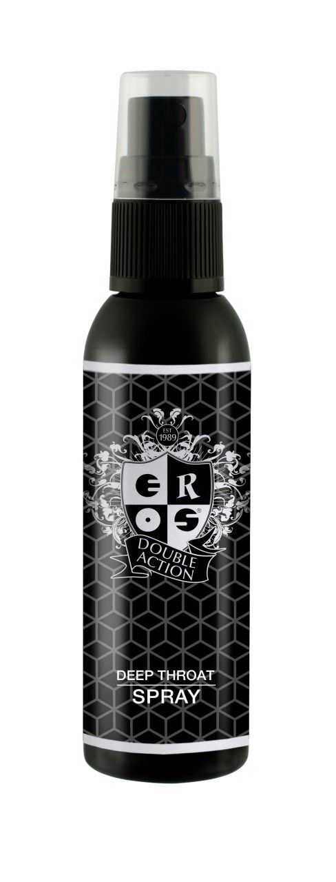 Schwarze Sprühflasche mit schwarzem Sprühkopf. Aufschrift: EROS, DOUBLE ACTION, DEEP THROAT SPRAY.