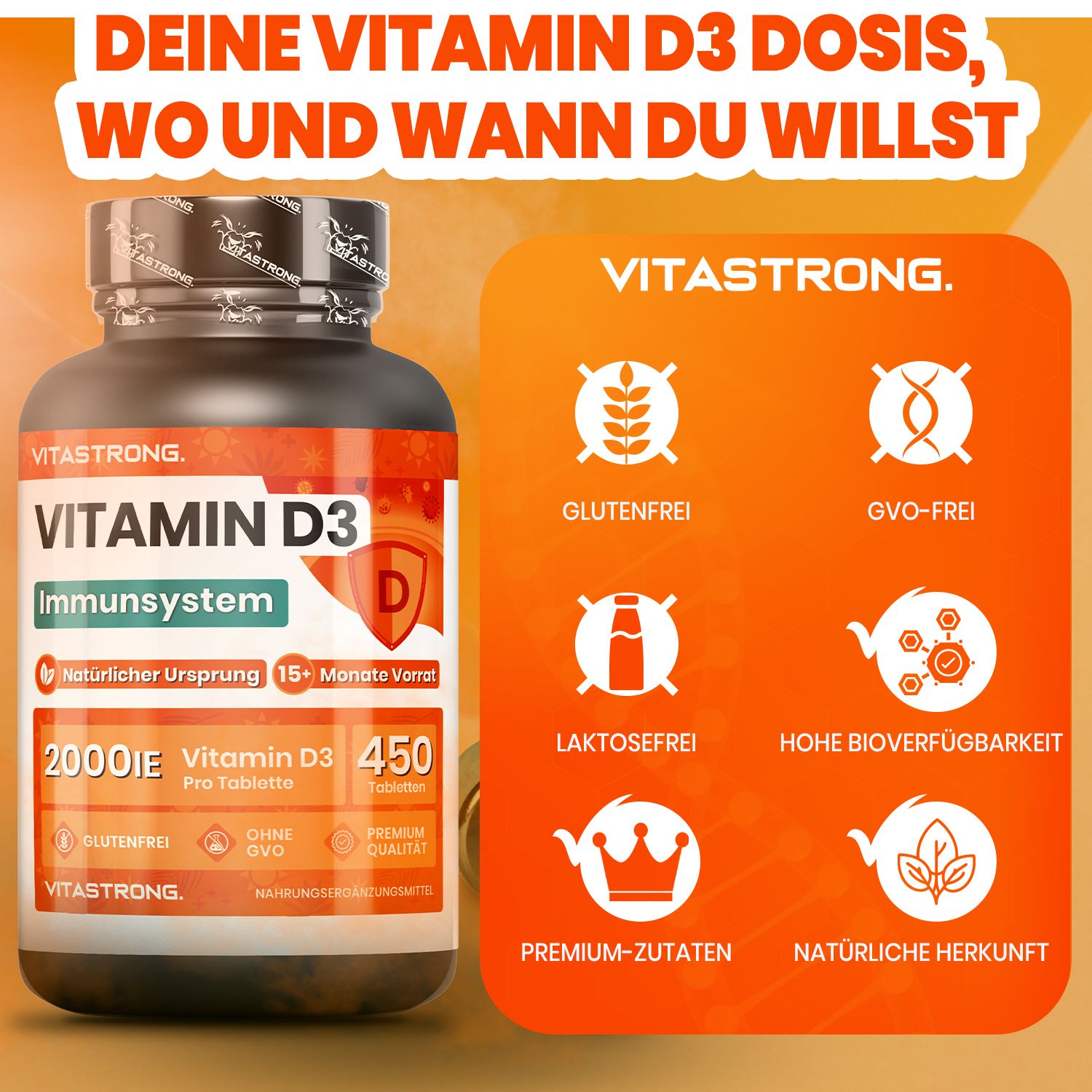Vitamin D3-Flasche mit Symbolen für glutenfrei, GVO-frei, laktosefrei, Premium-Zutaten und natürliche Herkunft.