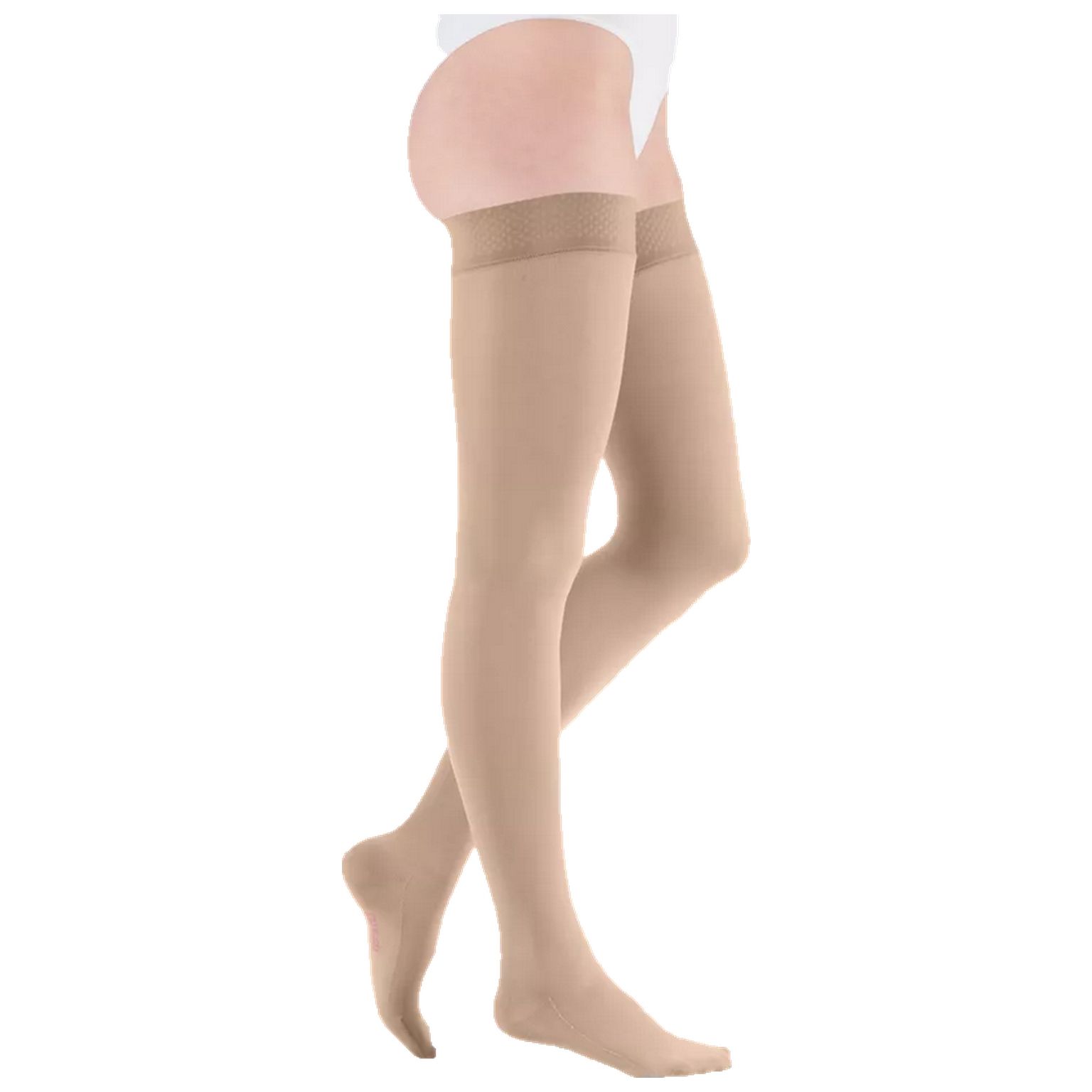 Hautfarbene Kompressions-Schenkelstrümpfe. Feinstrick, mit Spitze am oberen Abschluss. Beinmodell, Seitenansicht.