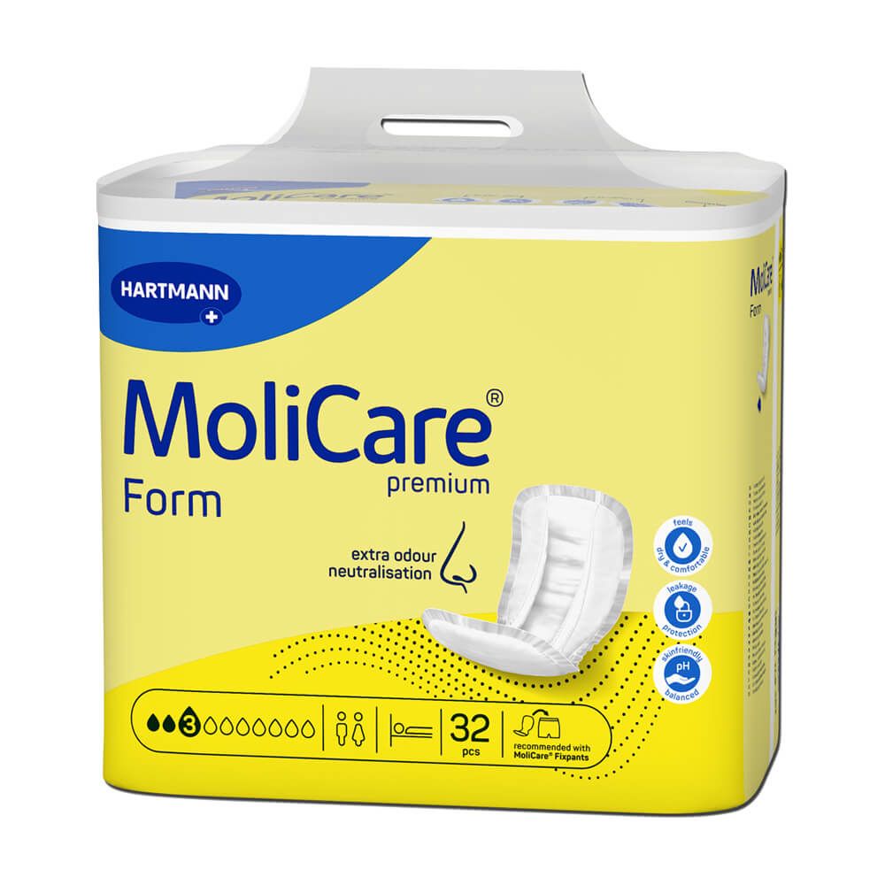 Einzelne Packung MoliCare Form. Gelbe Verpackung mit Produktabbildung und Logo. 3 Tropfen-Symbol. Hartmann-Logo.
