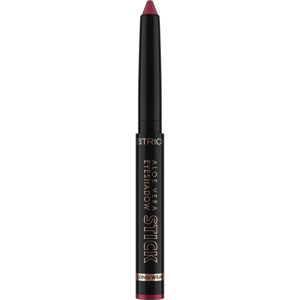 Aloe Vera Lidschatten-Stick. Schwarzer Stift mit rosafarbenem Lidschatten. Produktname und Marke sichtbar.