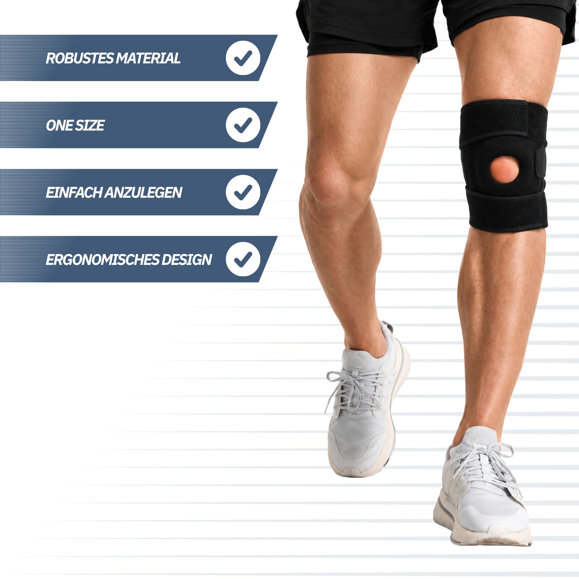Mann trägt eine schwarze Kniebandage mit Patella-Aussparung und orangefarbenem Polster.