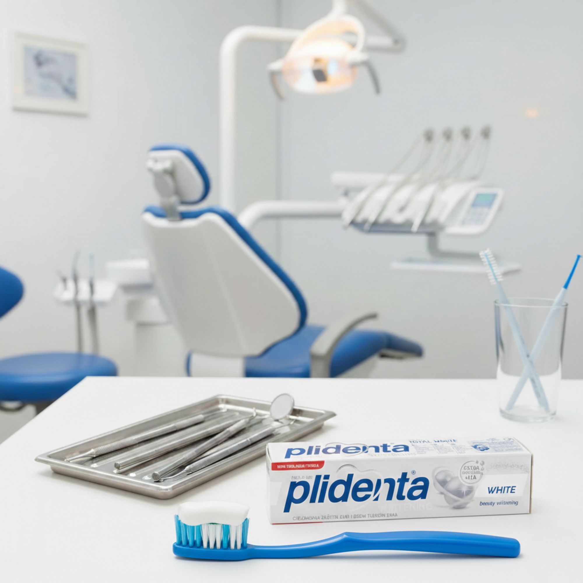 Zahnpasta, Zahnbürste und Instrumente auf Tisch. Im Hintergrund Zahnarztstuhl. Produktname: Plidenta Total White.