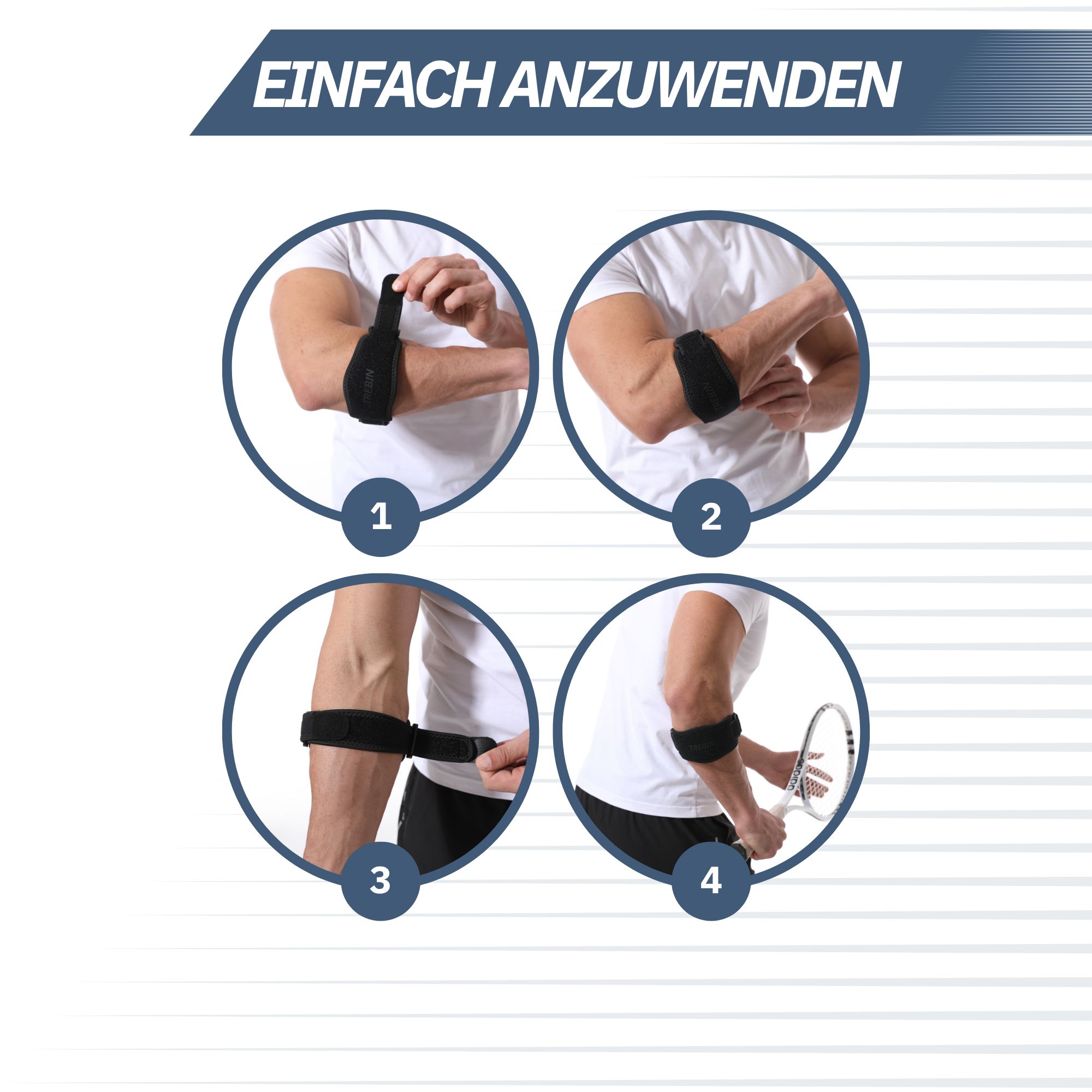 Vier Schritte zur Anwendung einer schwarzen Ellenbogenbandage mit Klettverschluss.