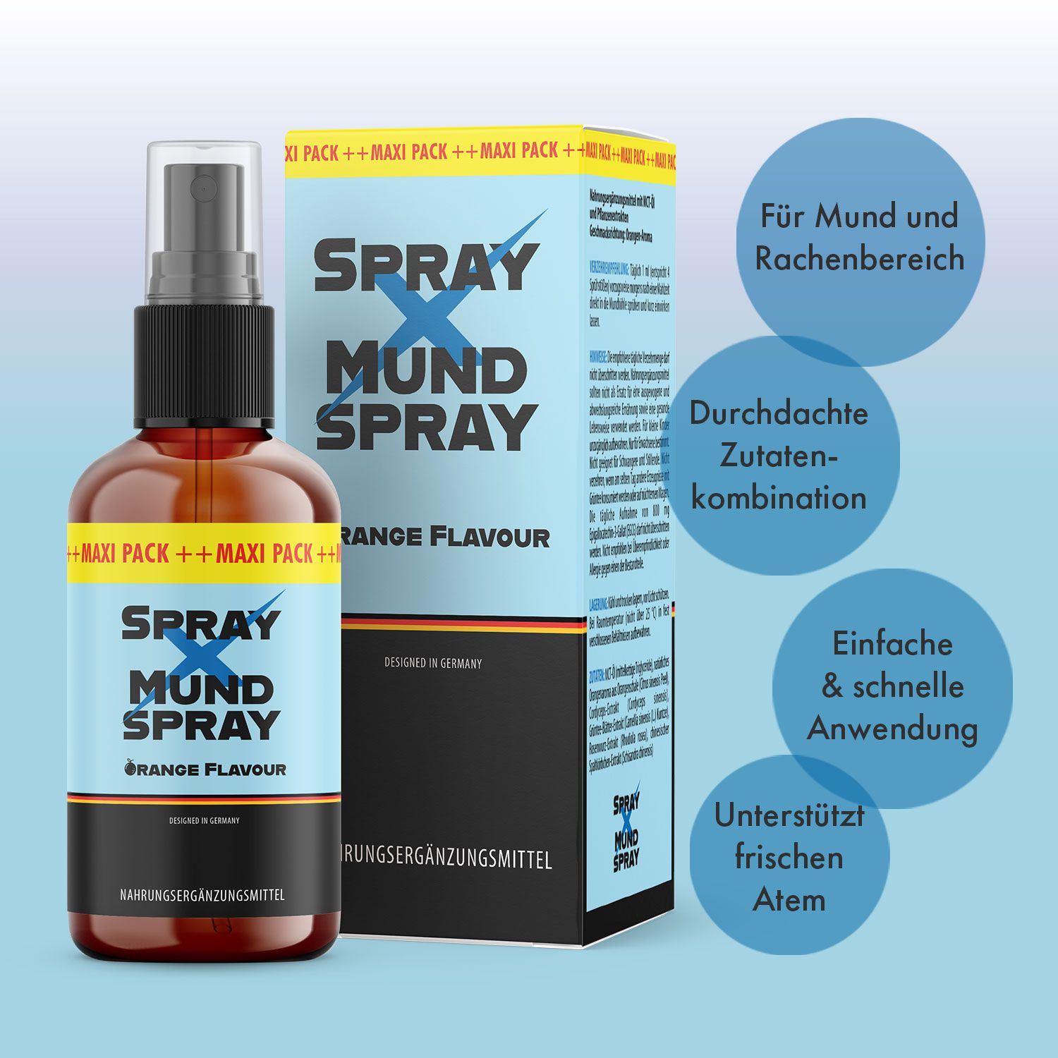 Braune Sprühflasche und Verpackung. Aufschrift: SPRAY X MUND SPRAY, Orange Flavour. Blaue Kreise mit Text. Maxi Pack.