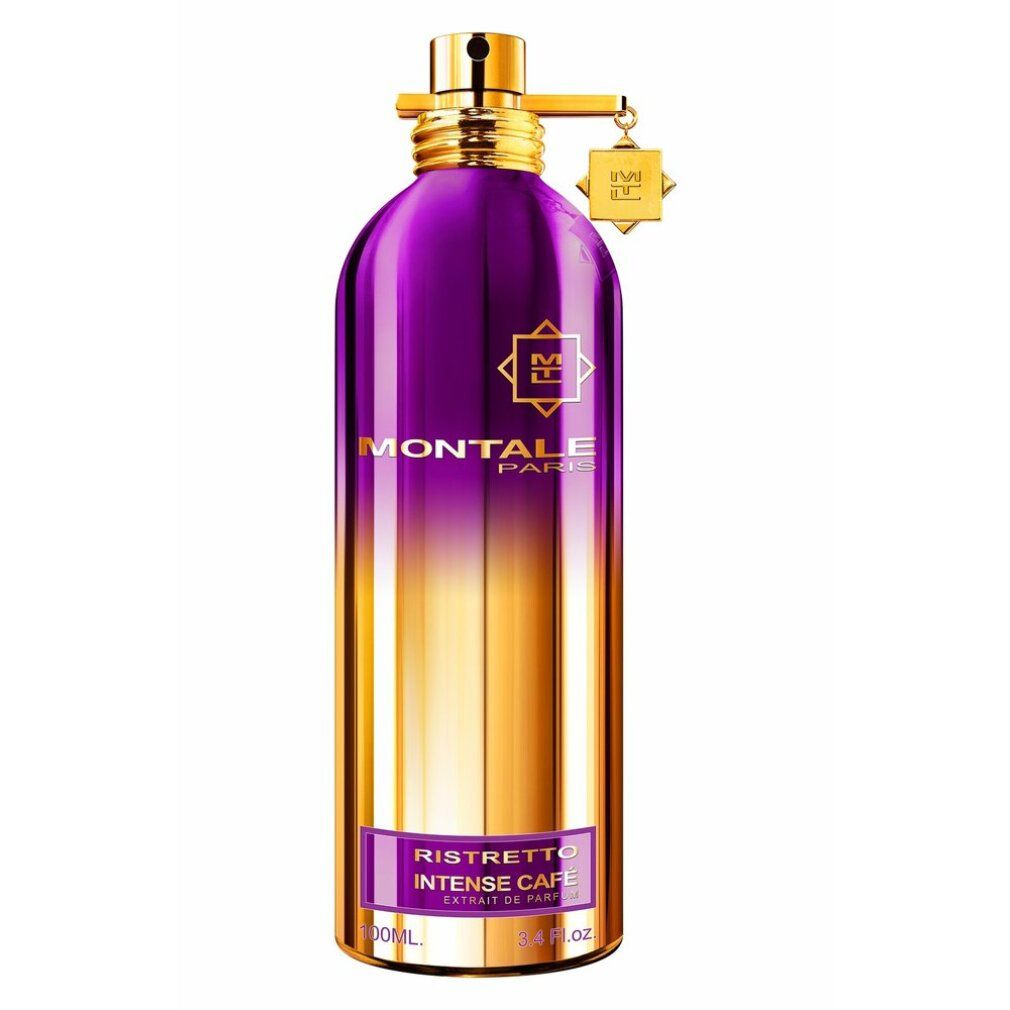 Gold-violette Flasche mit Aufschrift. Anhänger mit Logo. Text: Ristretto Intense Cafe, 100ml, 3.4 Fl.oz.