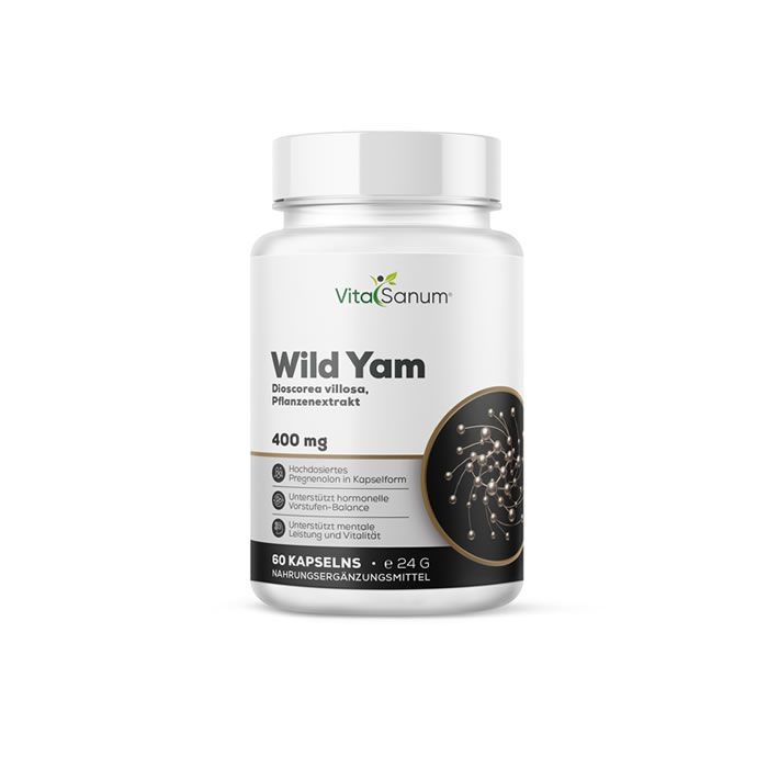 Weiße Flasche VitaSanum Wild Yam. Aufschrift: 400 mg, 60 Kapseln. Schwarzes Etikett mit Produktinformationen.